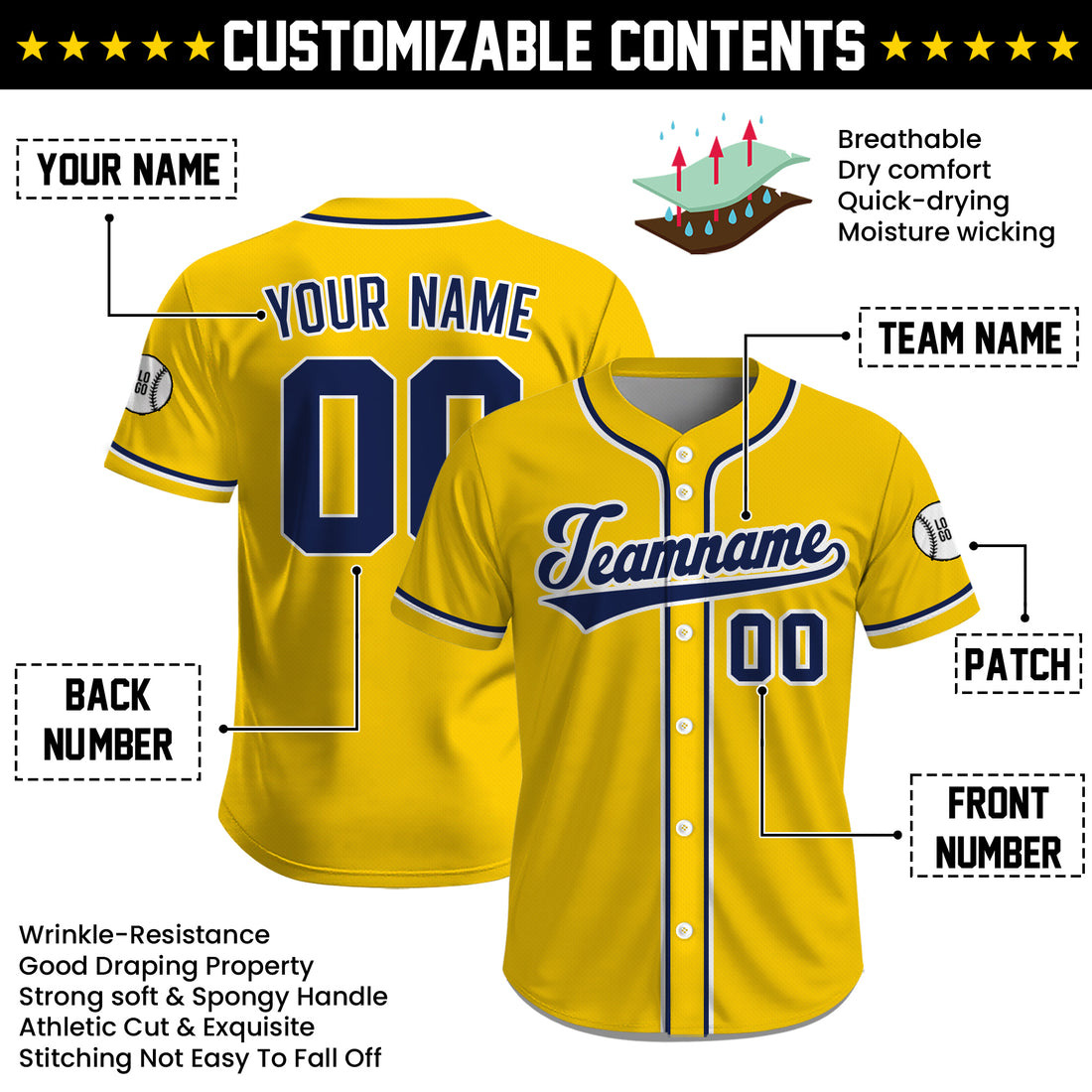 Custom Yellow Navy Baseball Jersey, Personalized Team Name & Number Jersey for Men Women Youth