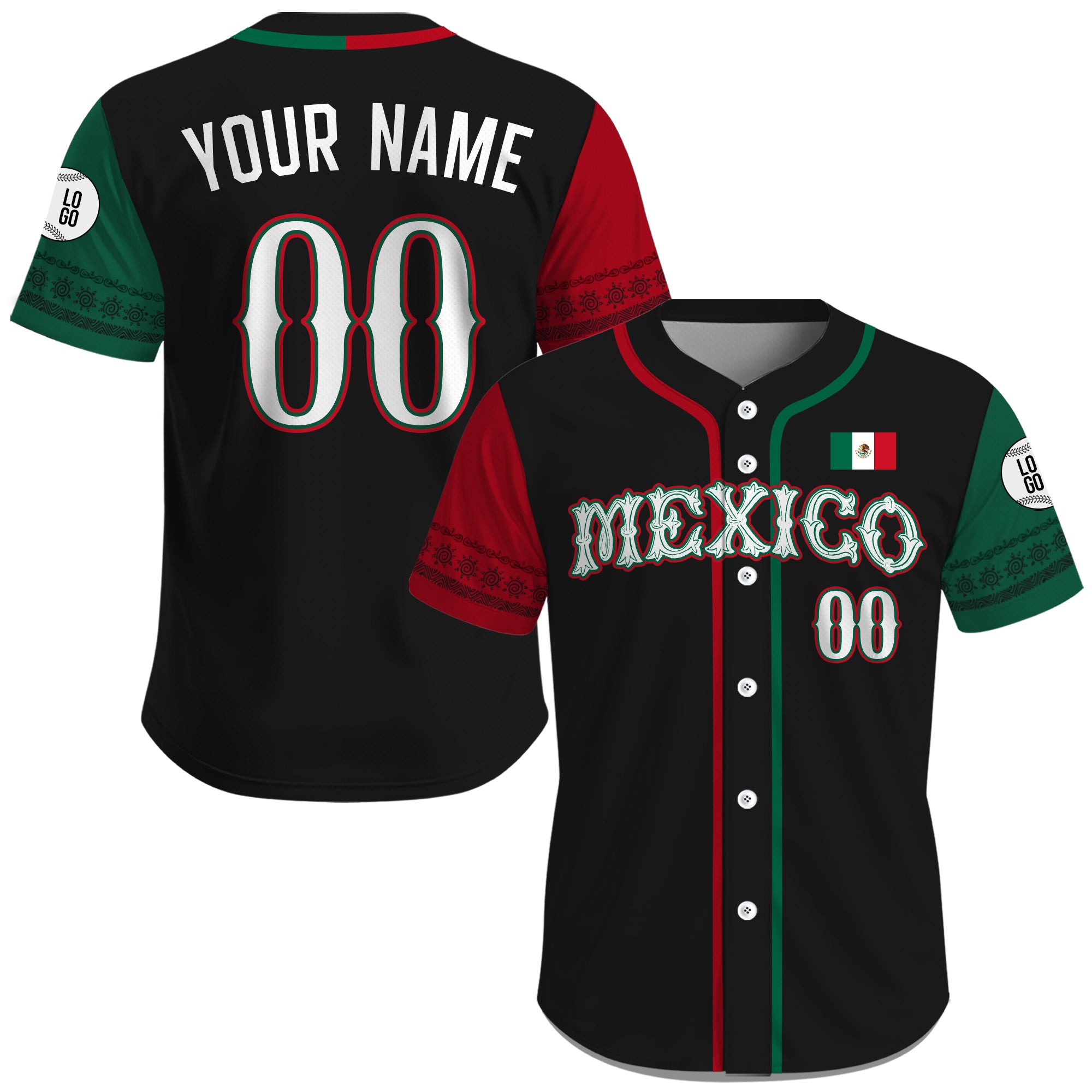 Jersey Negro de Béisbol con Bandera de México y Mangas Decoradas Personalizado