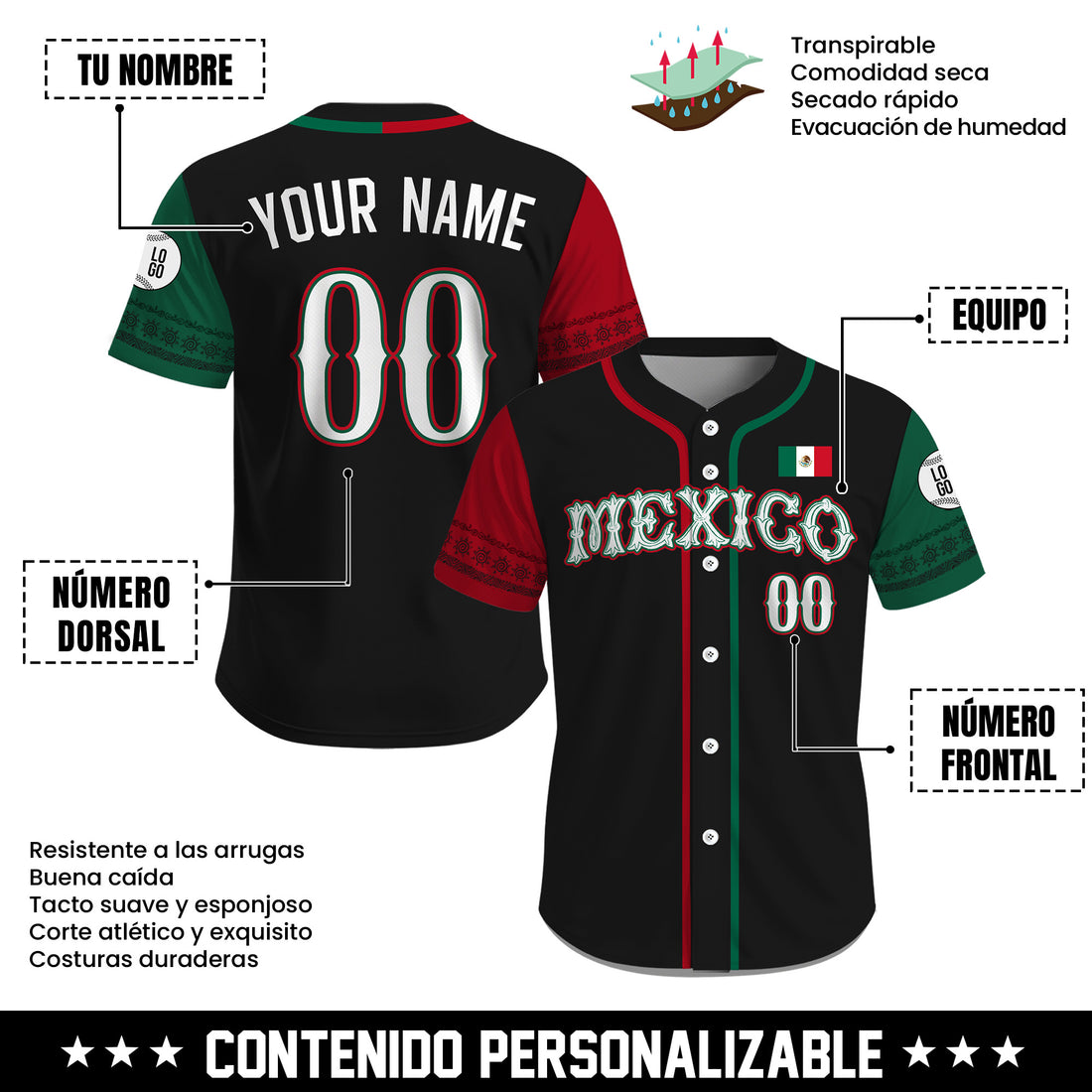 Jersey Negro de Béisbol con Bandera de México y Mangas Decoradas Personalizado