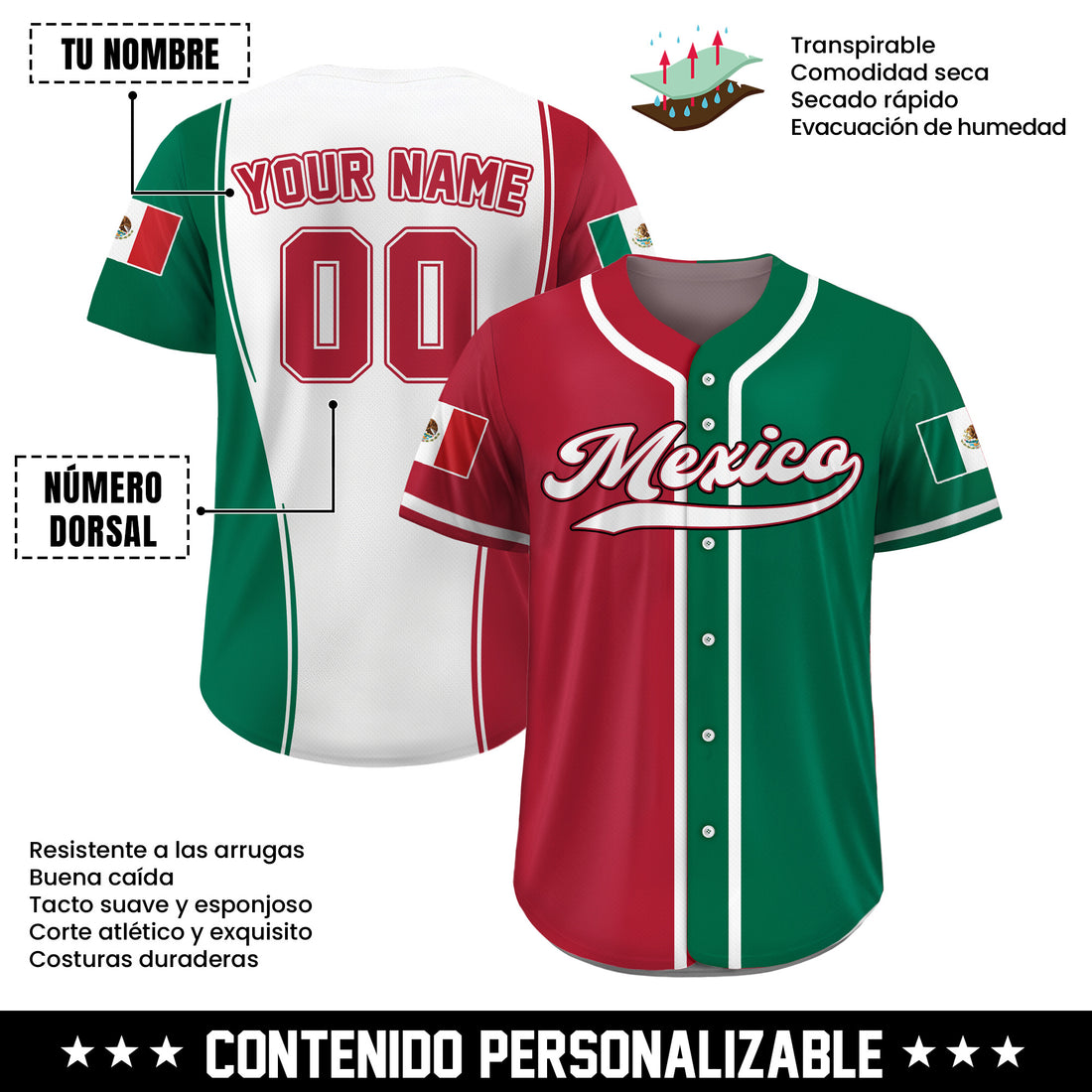 Jersey de Béisbol Personalizado Orgullo Bandera Mexicana