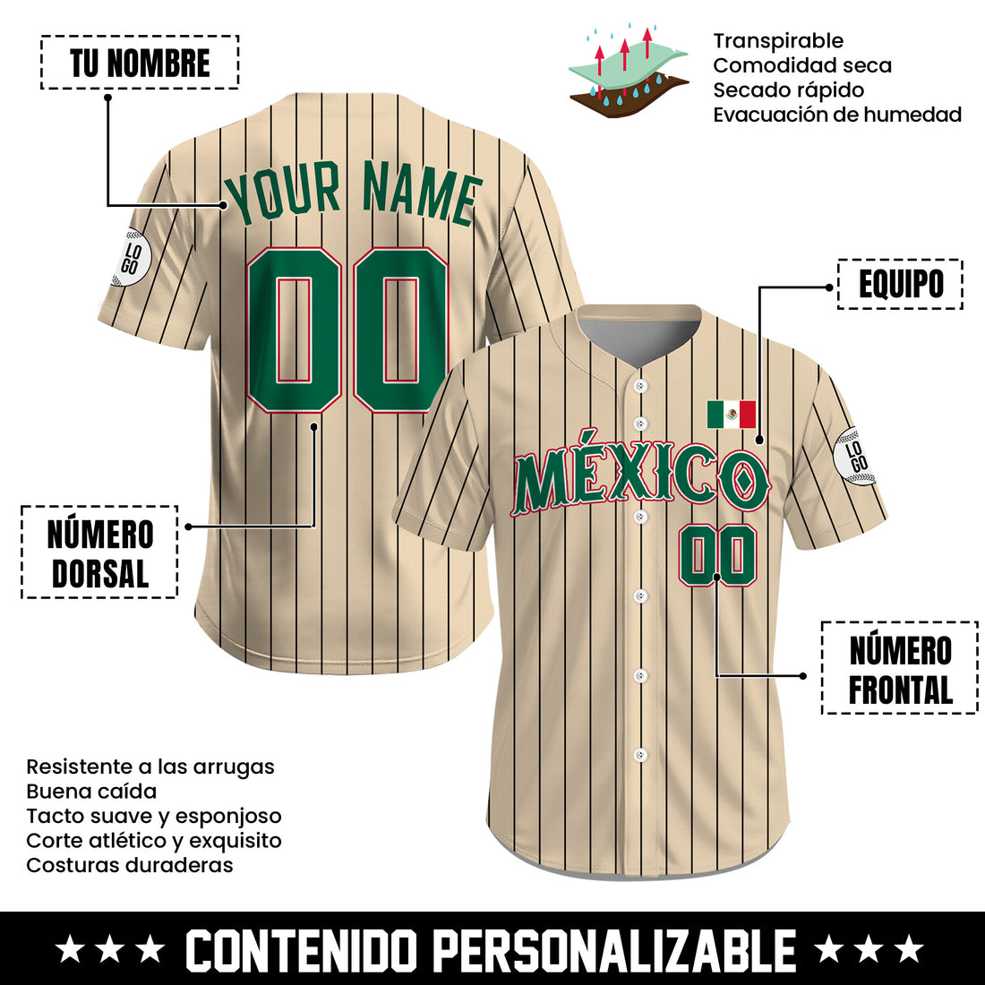 Jersey de Béisbol Personalizado de México Beige con Rayas para Hombre, Mujer y Juvenil