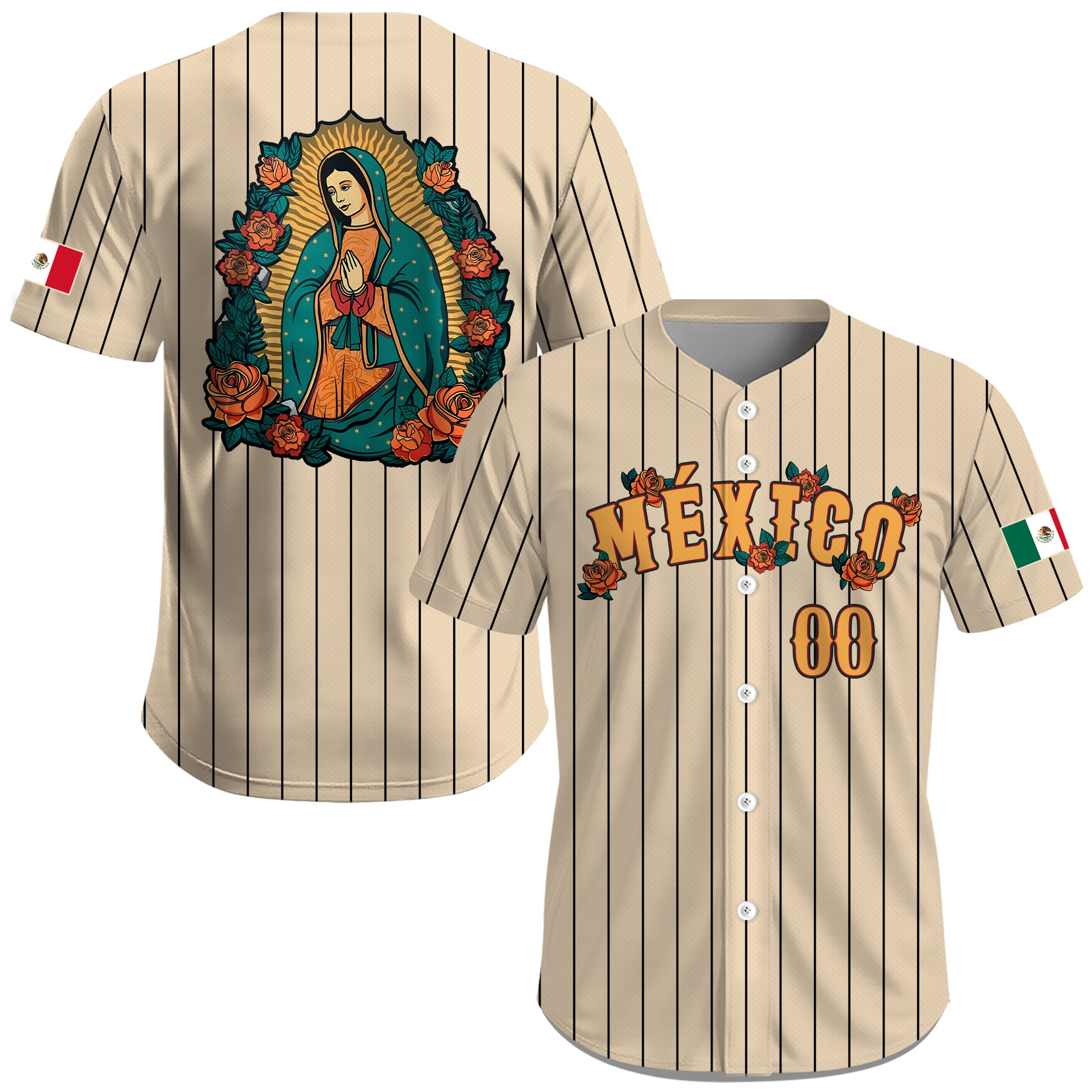 Jersey de Béisbol Personalizado de México Beige con Rayas y Virgen de Guadalupe