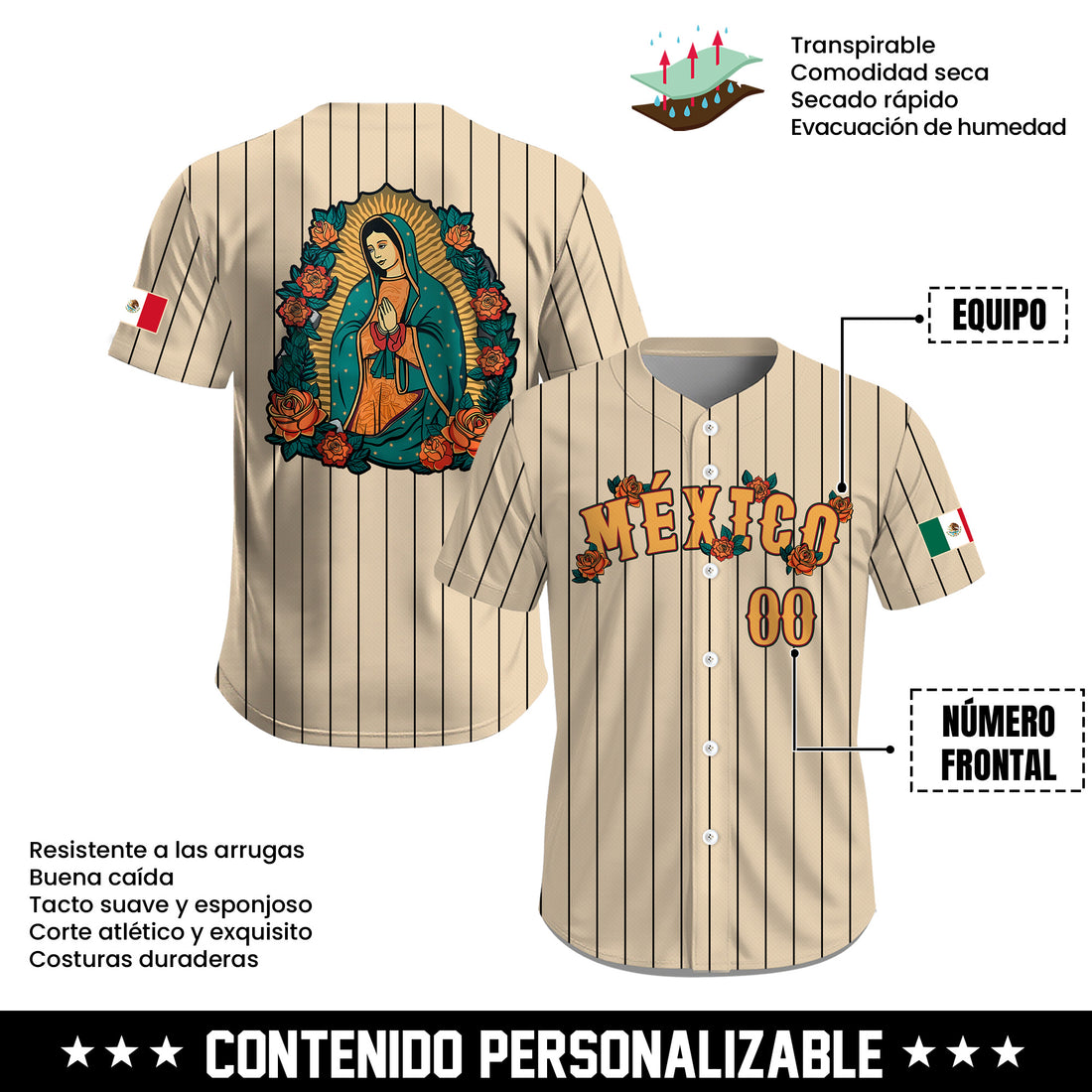 Jersey de Béisbol Personalizado de México Beige con Rayas y Virgen de Guadalupe