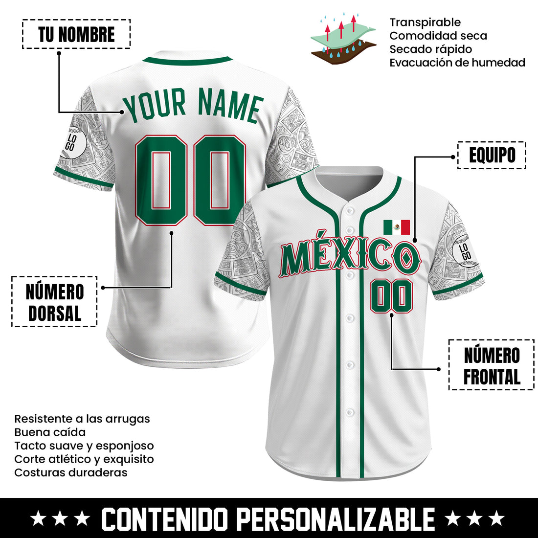 Jersey de Béisbol Personalizado de México Blanco Patrimonio para Hombre, Mujer y Juvenil