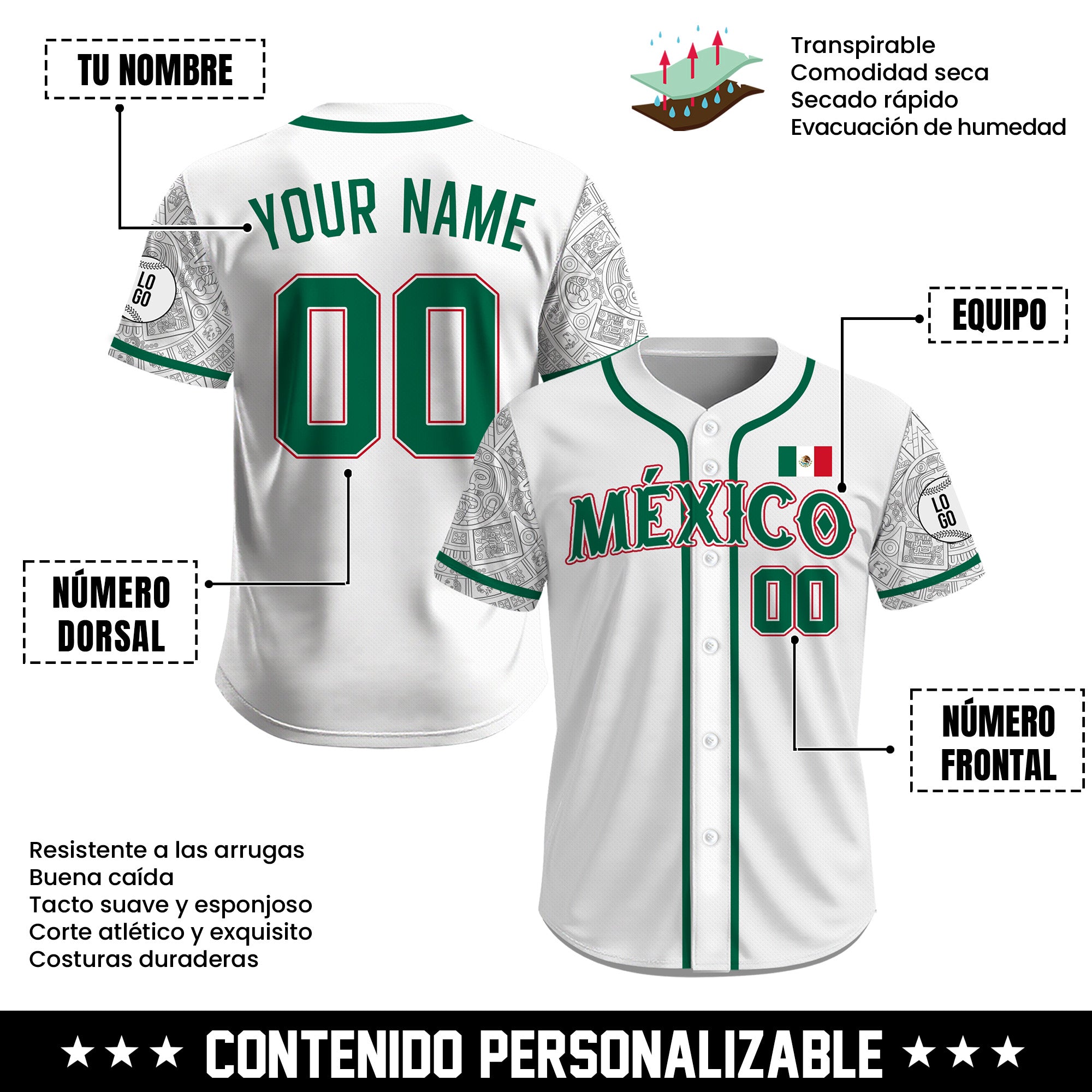 Jersey de Béisbol Personalizado de México Blanco Patrimonio para Hombre, Mujer y Juvenil
