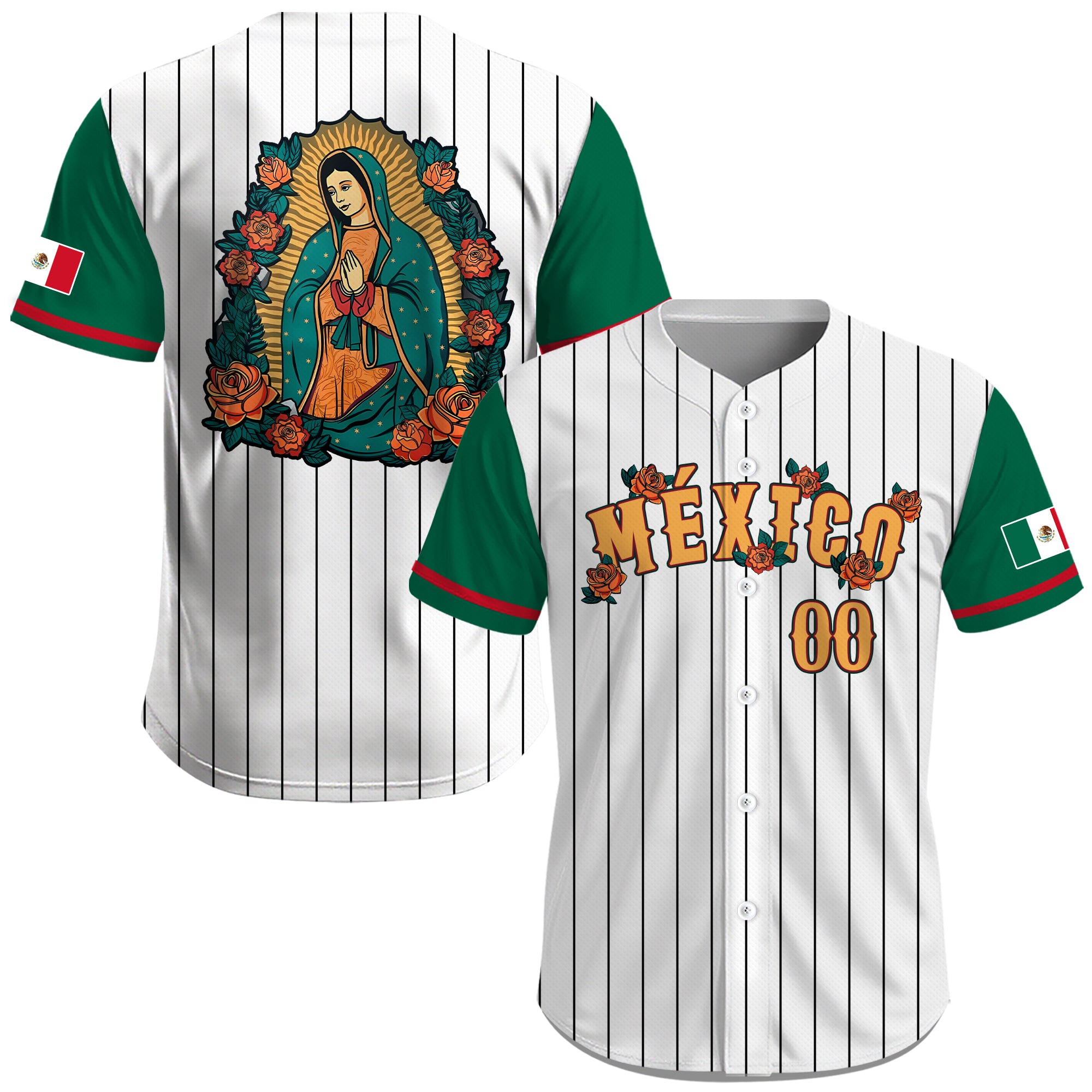 Jersey de Béisbol Personalizado de México Blanco con Rayas y Virgen de Guadalupe