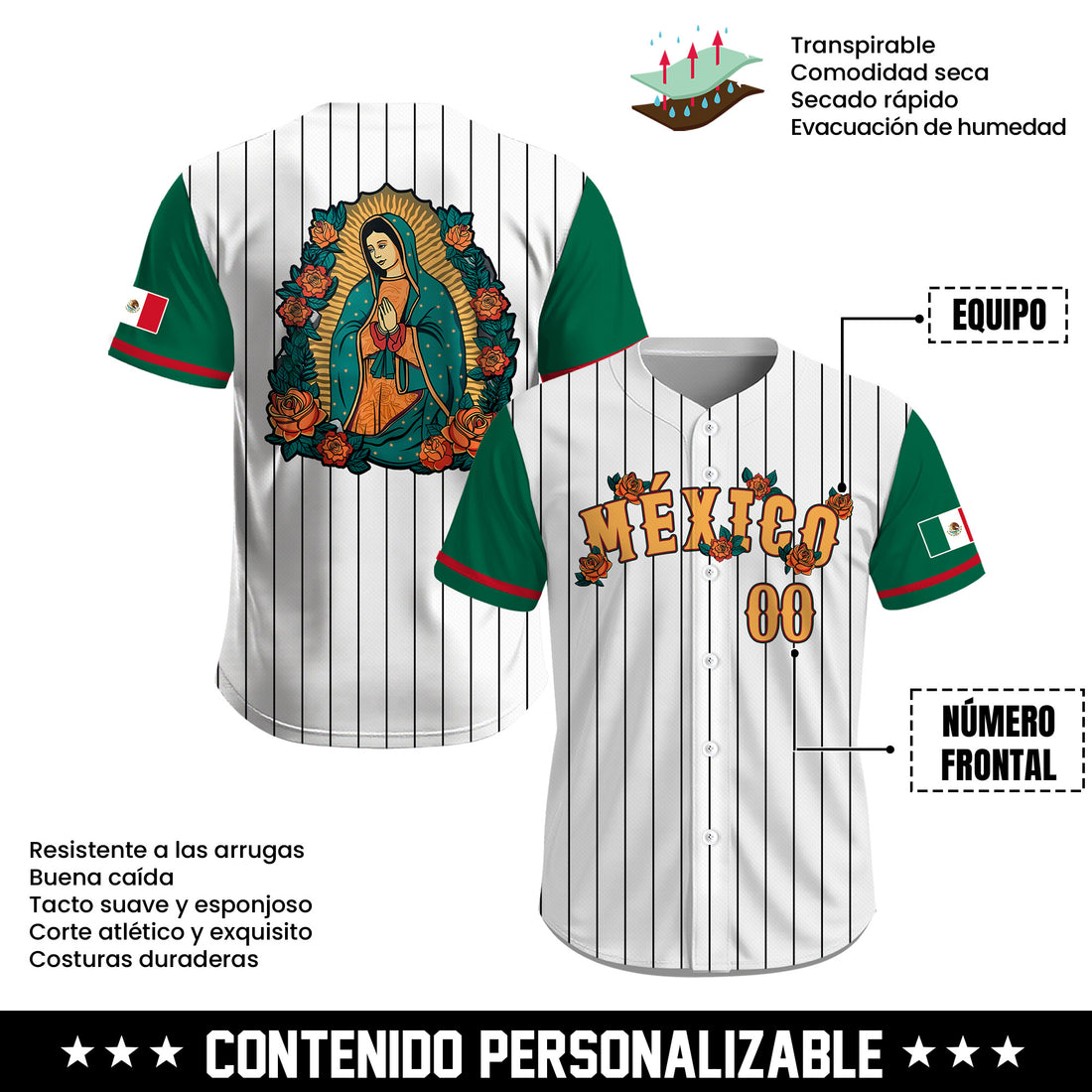 Jersey de Béisbol Personalizado de México Blanco con Rayas y Virgen de Guadalupe