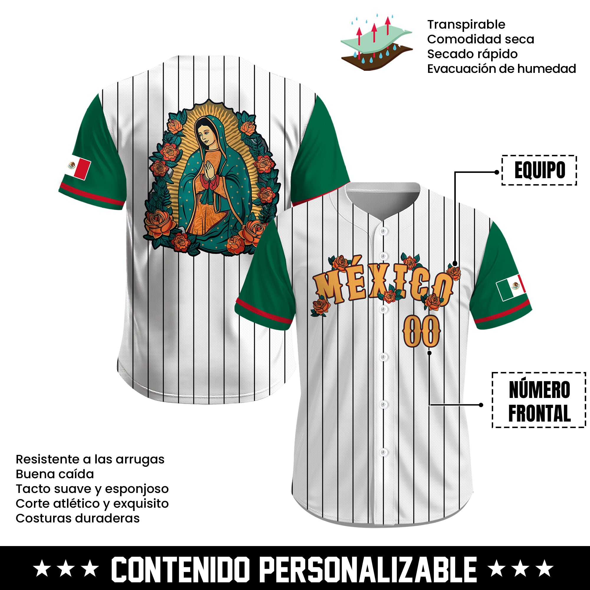 Jersey de Béisbol Personalizado de México Blanco con Rayas y Virgen de Guadalupe