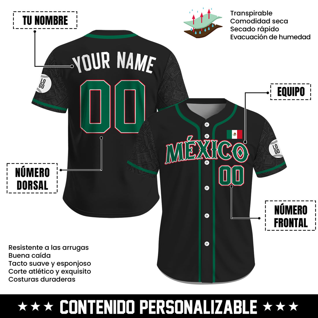 Jersey de Béisbol Personalizado de México Negro Patrimonio para Hombre, Mujer y Juvenil