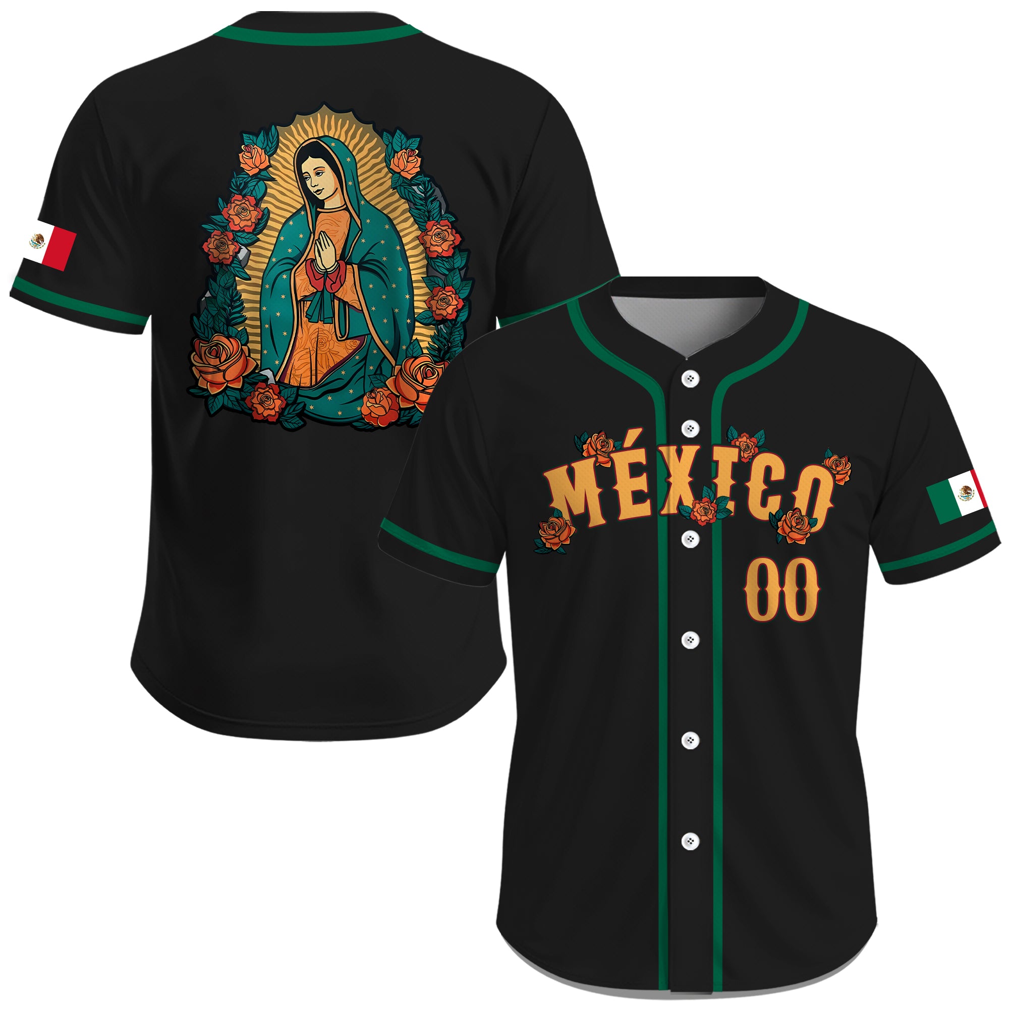 Jersey de Béisbol Personalizado de México Negro con Diseño de la Virgen de Guadalupe