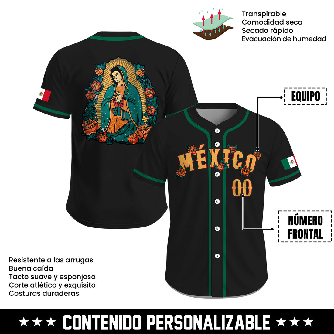 Jersey de Béisbol Personalizado de México Negro con Diseño de la Virgen de Guadalupe