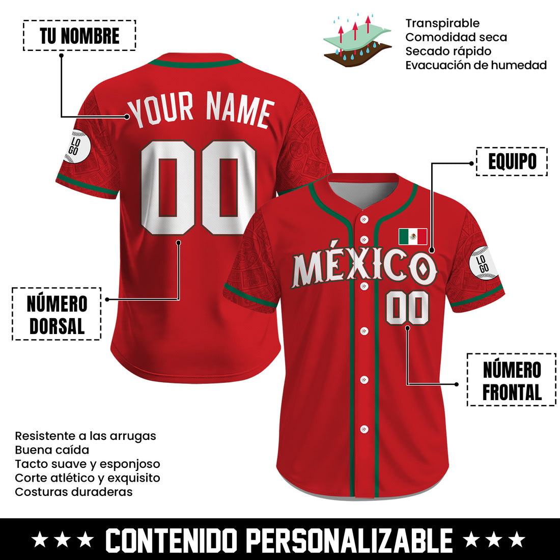 Jersey de Béisbol Personalizado de México Rojo Patrimonio para Hombre, Mujer y Juvenil