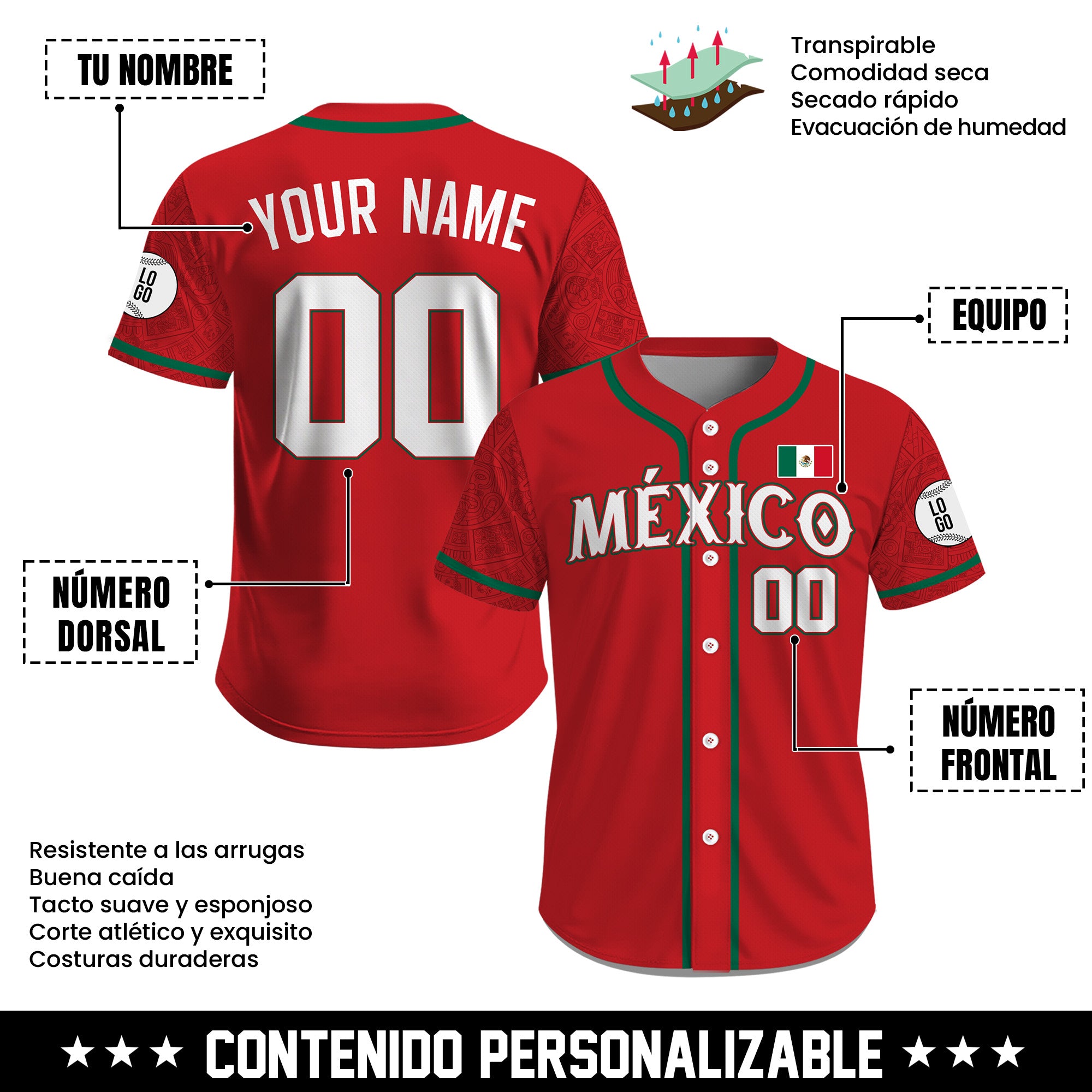 Jersey de Béisbol Personalizado de México Rojo Patrimonio para Hombre, Mujer y Juvenil
