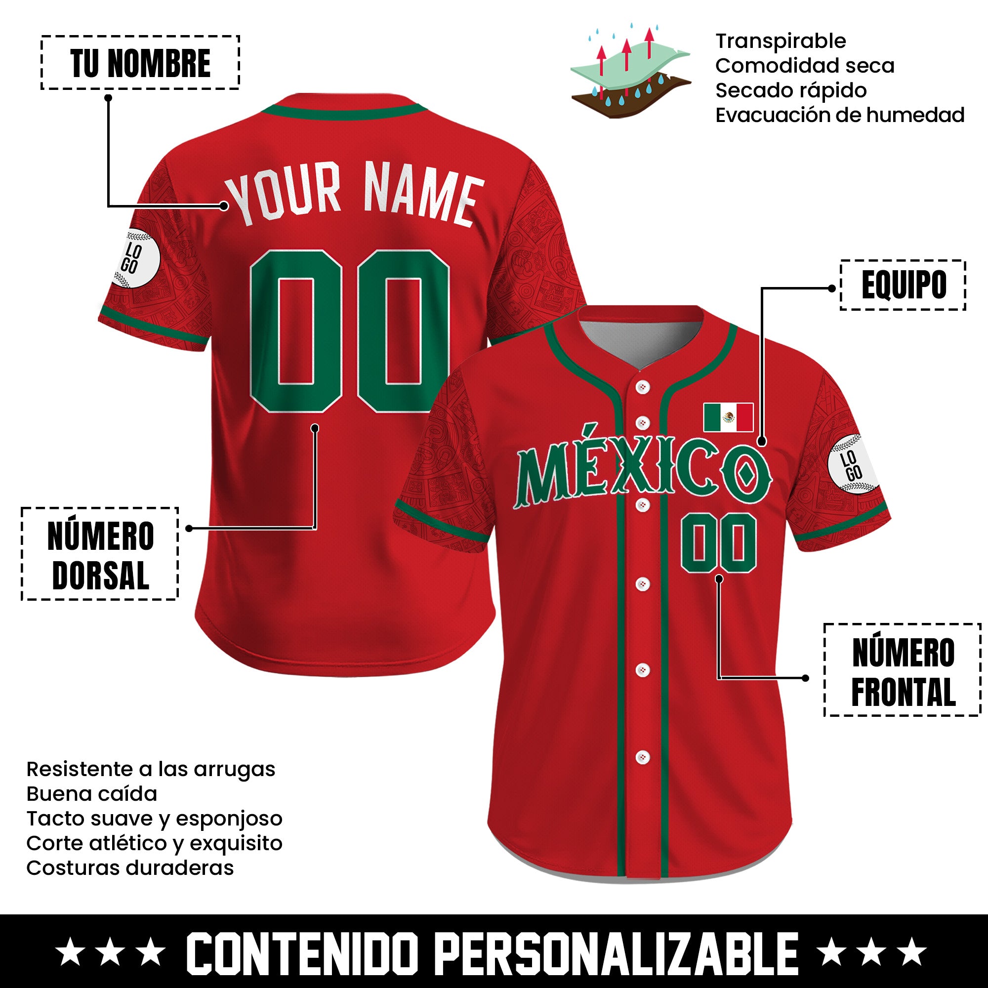 Jersey de Béisbol Personalizado de México Rojo Patrio para Hombre, Mujer y Juvenil