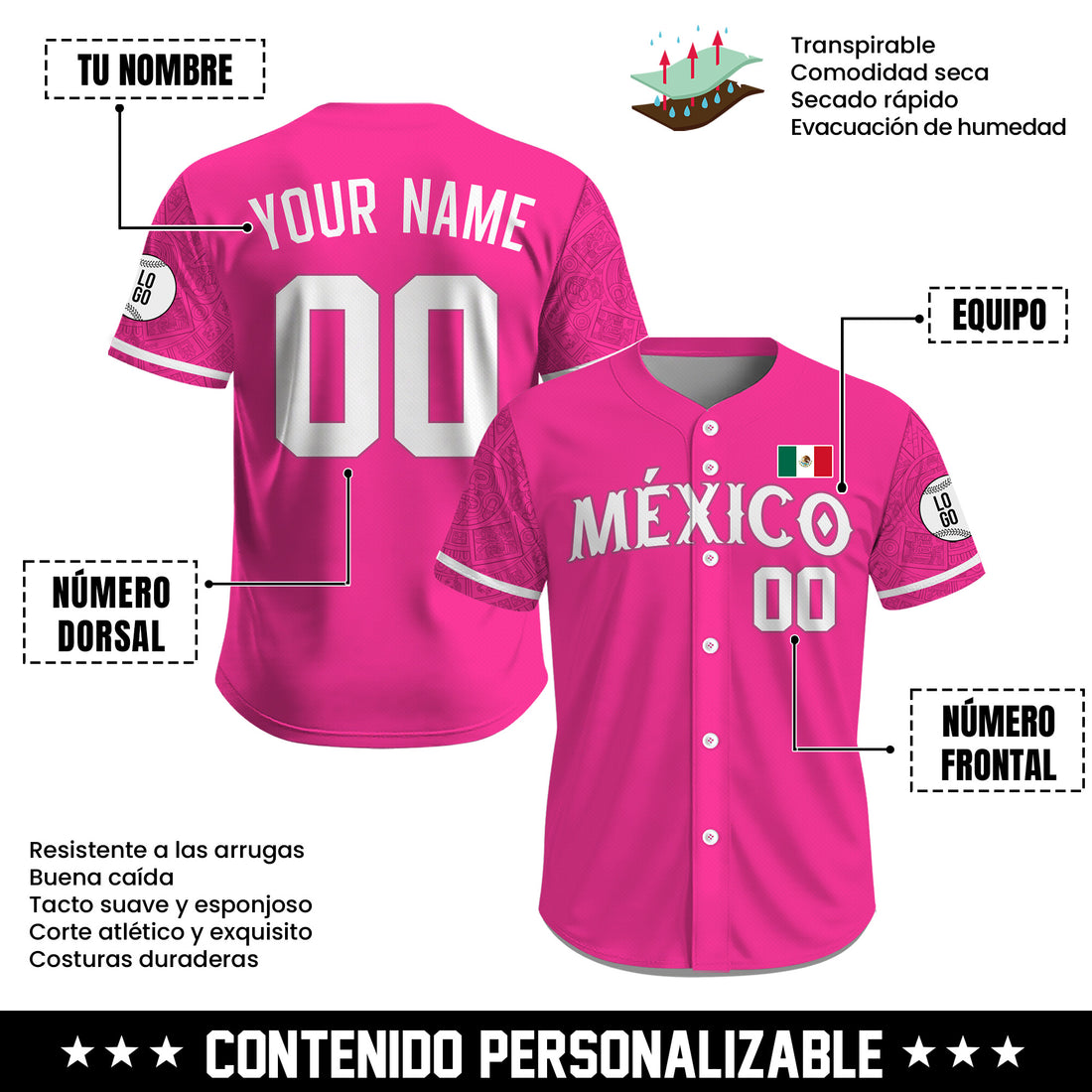 Jersey de Béisbol Personalizado de México Rosa Patrio para Hombre, Mujer y Juvenil