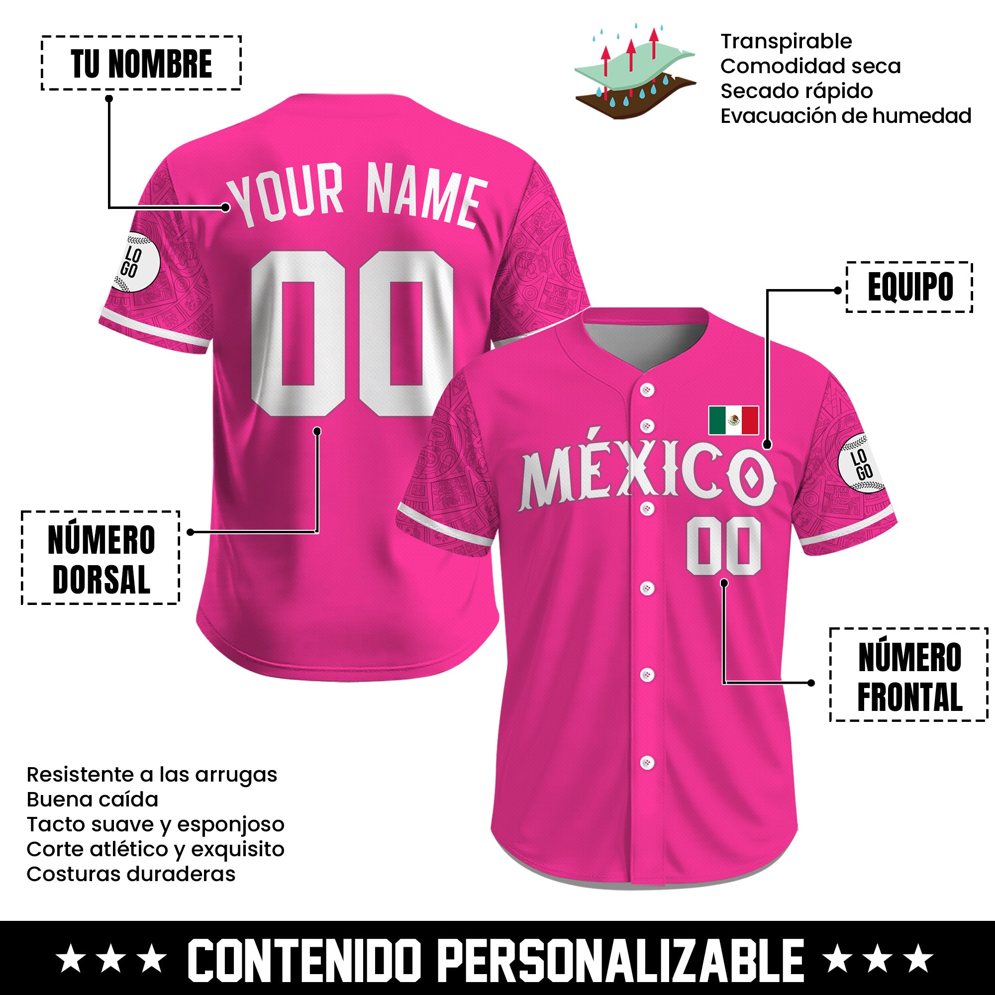 Jersey de Béisbol Personalizado de México Rosa Patrio para Hombre, Mujer y Juvenil