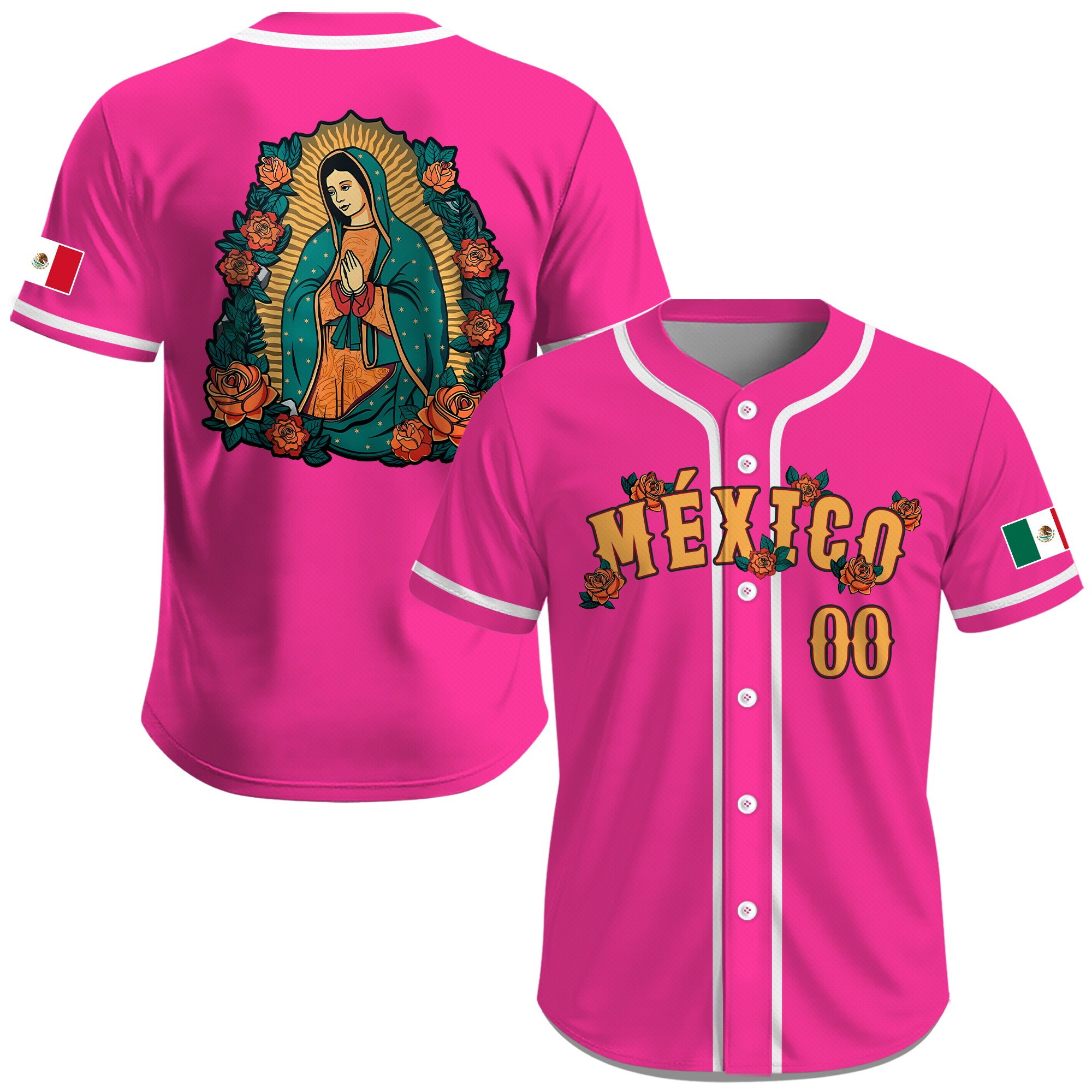 Jersey de Béisbol Personalizado de México Rosa con Imagen de la Virgen de Guadalupe