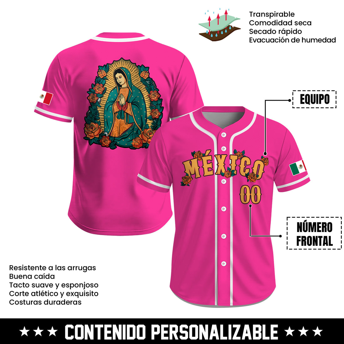 Jersey de Béisbol Personalizado de México Rosa con Imagen de la Virgen de Guadalupe