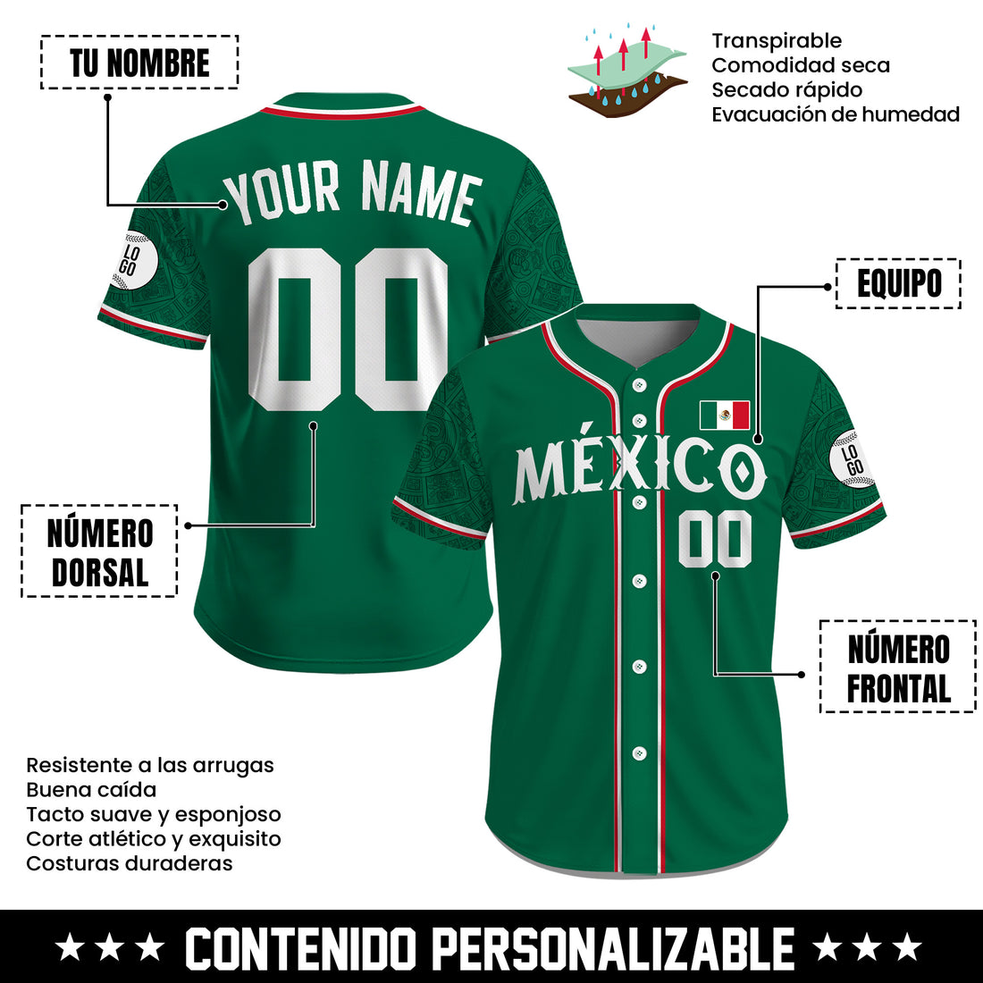 Jersey de Béisbol Personalizado de México Verde Patrimonio para Hombre, Mujer y Juvenil