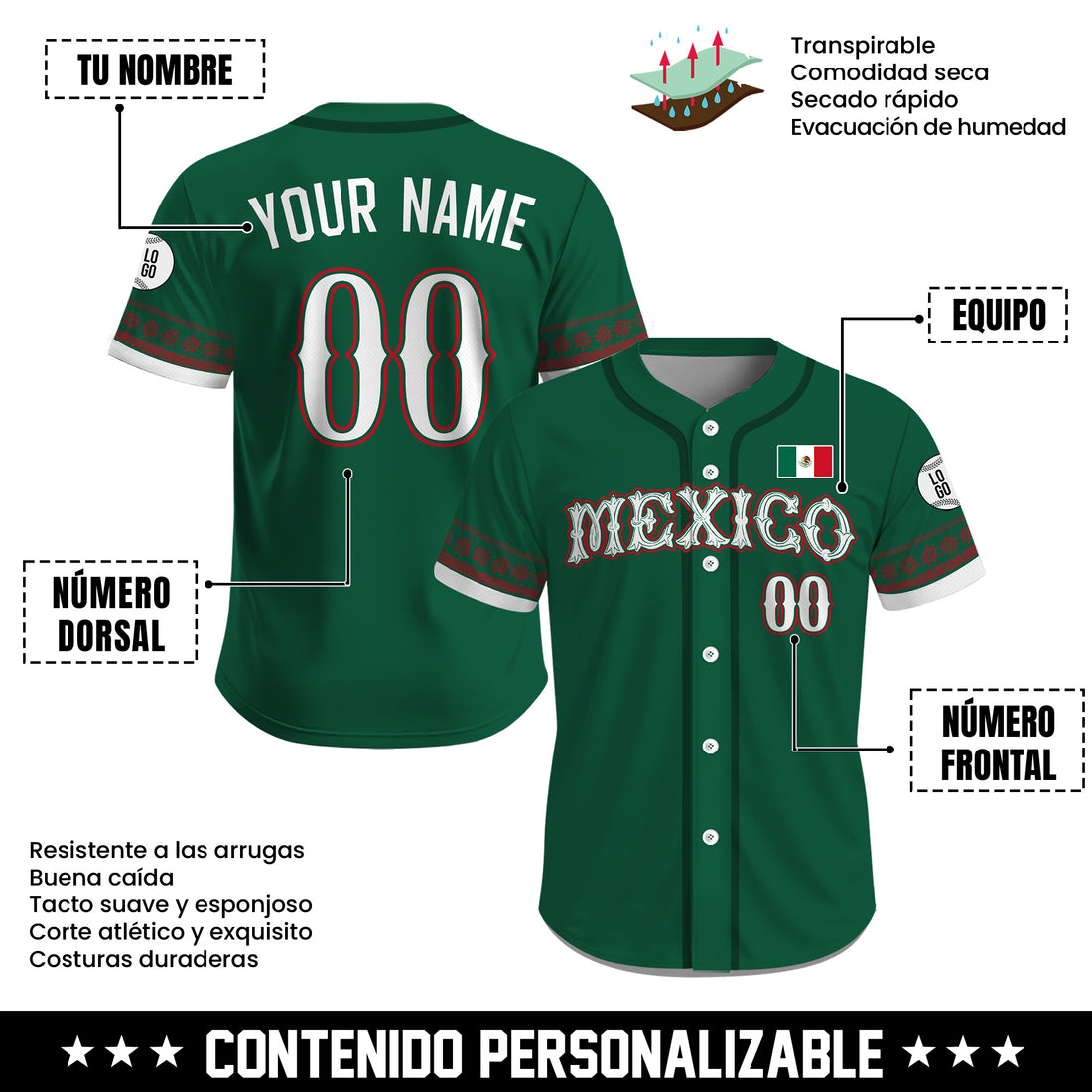 Jersey de Béisbol Personalizado de México Verde con Detalles Tradicionales para Hombre, Mujer y Juvenil