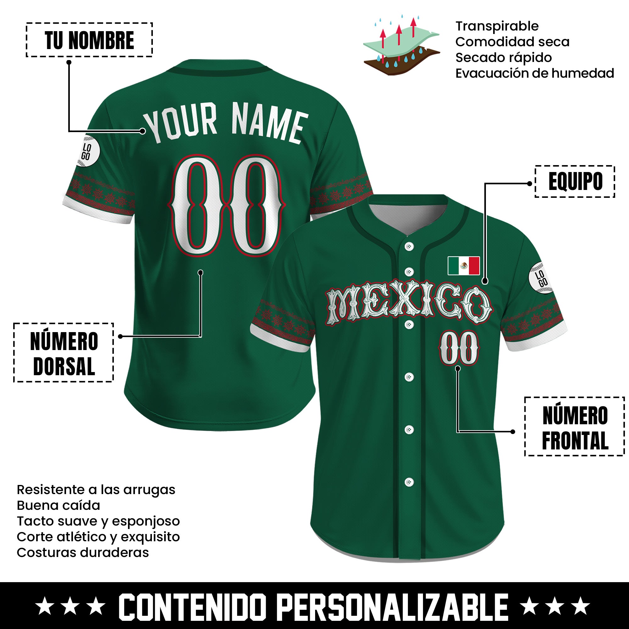 Jersey de Béisbol Personalizado de México Verde con Detalles Tradicionales para Hombre, Mujer y Juvenil