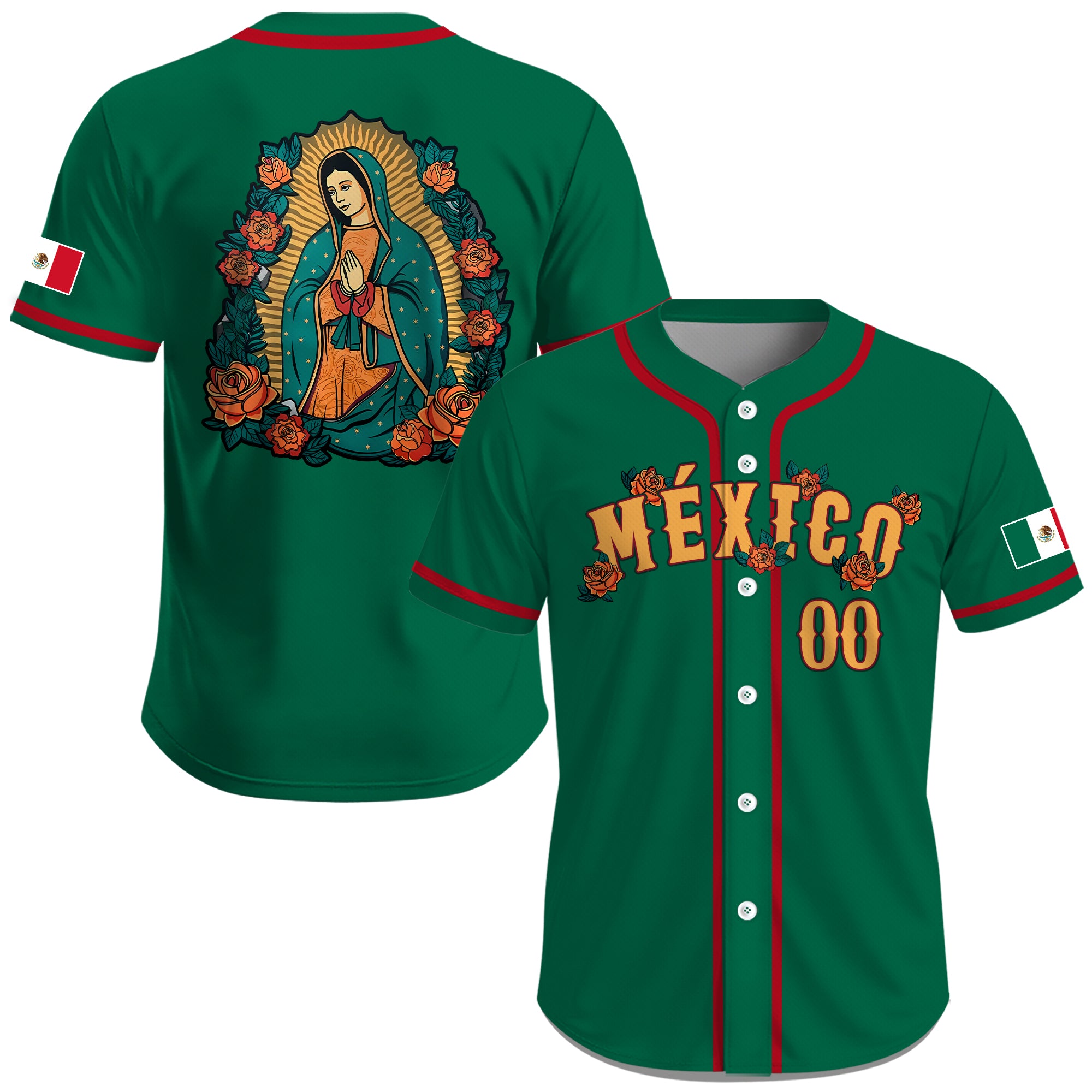 Jersey de Béisbol Personalizado de México Verde con Imagen de la Virgen de Guadalupe