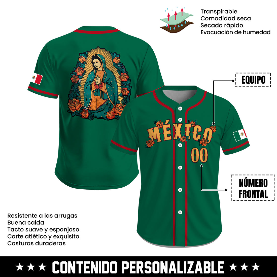 Jersey de Béisbol Personalizado de México Verde con Imagen de la Virgen de Guadalupe