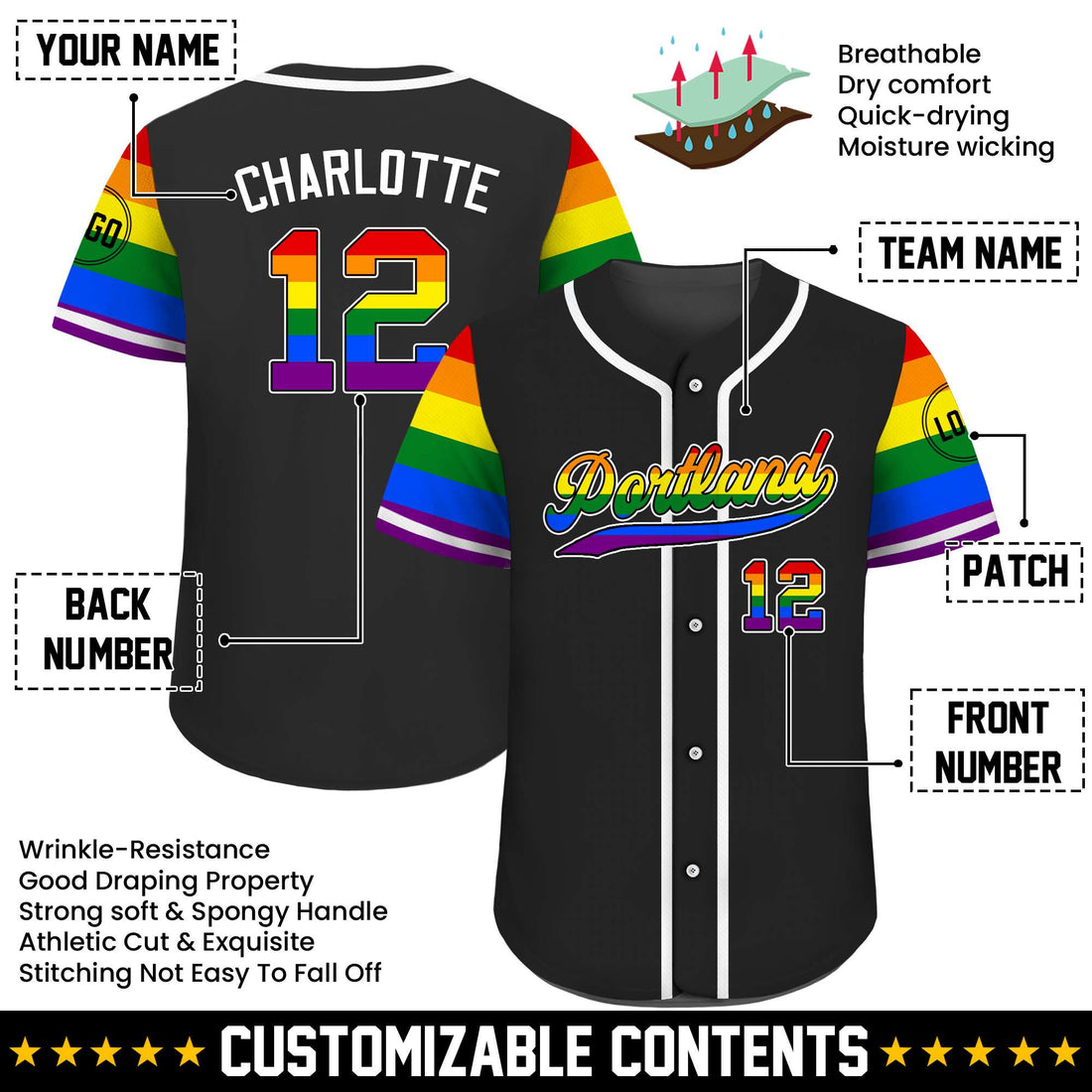 Personalized Black LGBTQ Rainbow Pride Custom Jersey