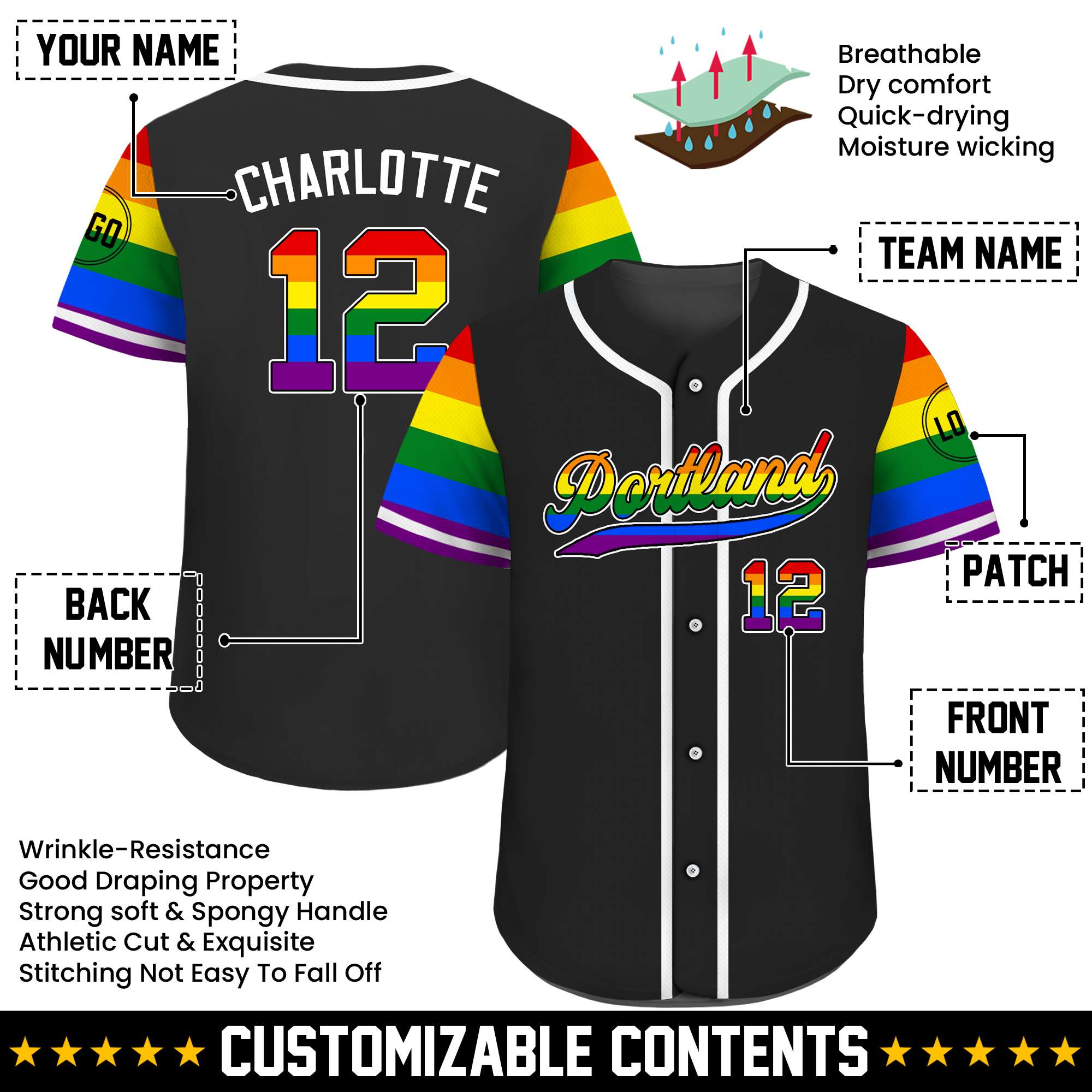 Personalized Black LGBTQ Rainbow Pride Custom Jersey