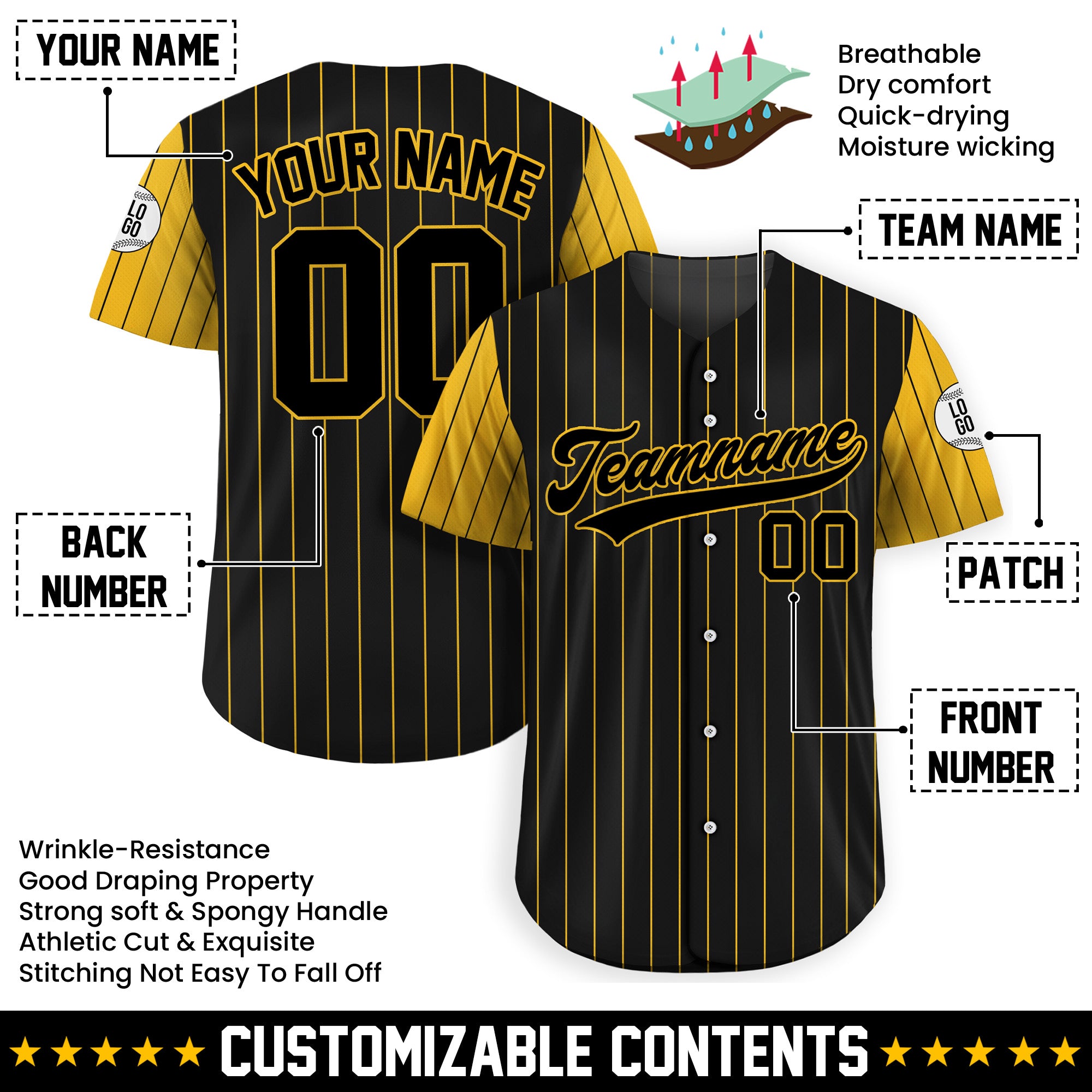 Personalized Black Yellow Striped Baseball Jersey