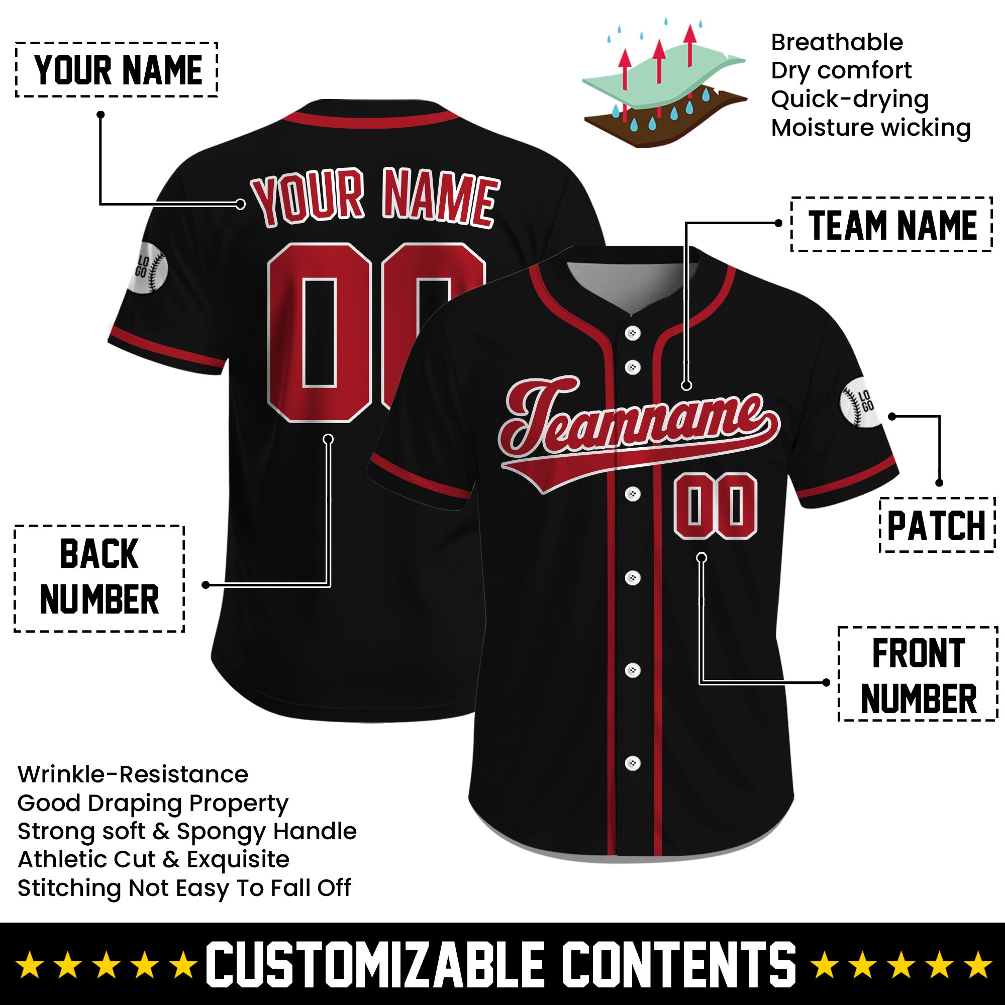 Personalized Classic Black Red Script Baseball Jersey