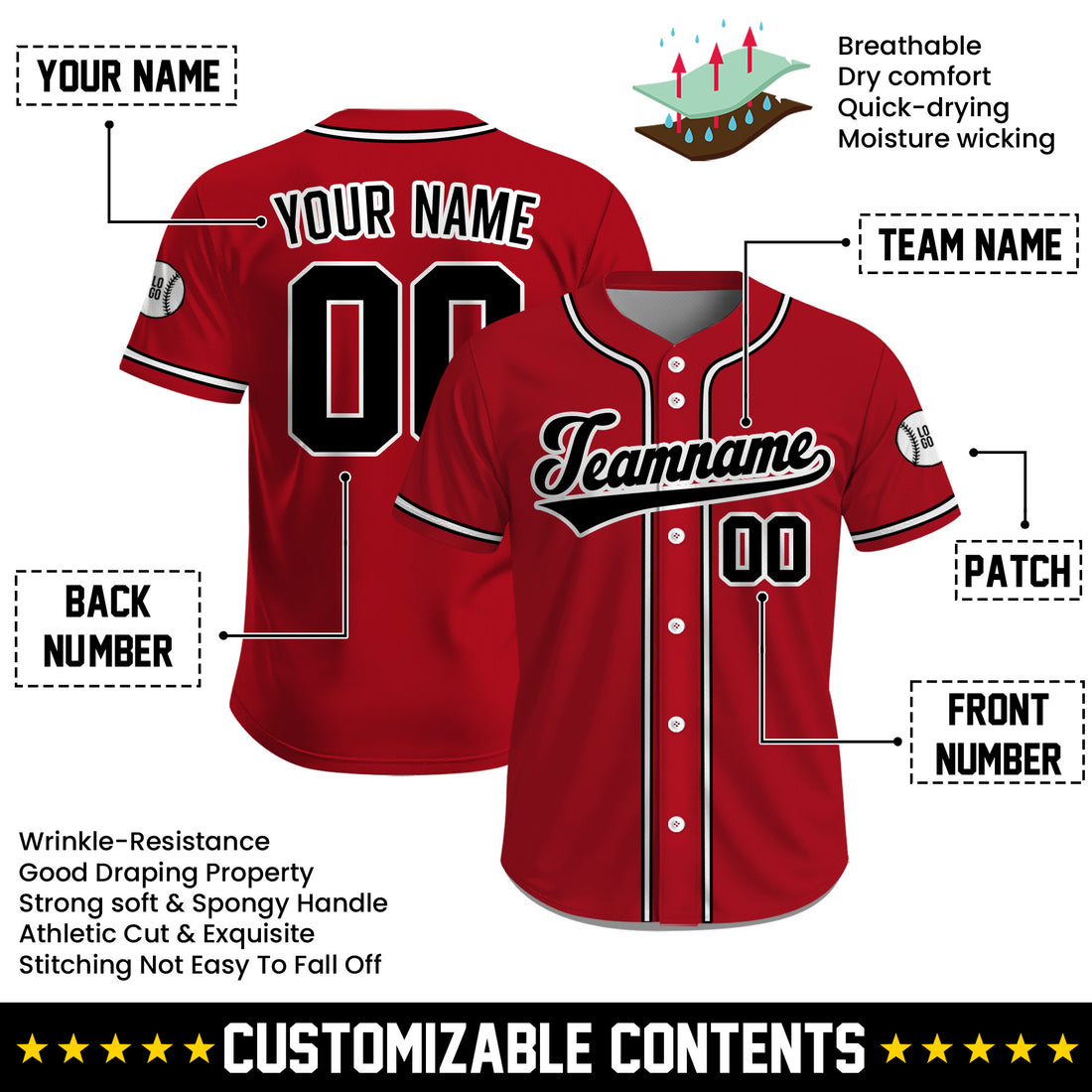 Personalized Classic Red Black White Team Baseball Jersey