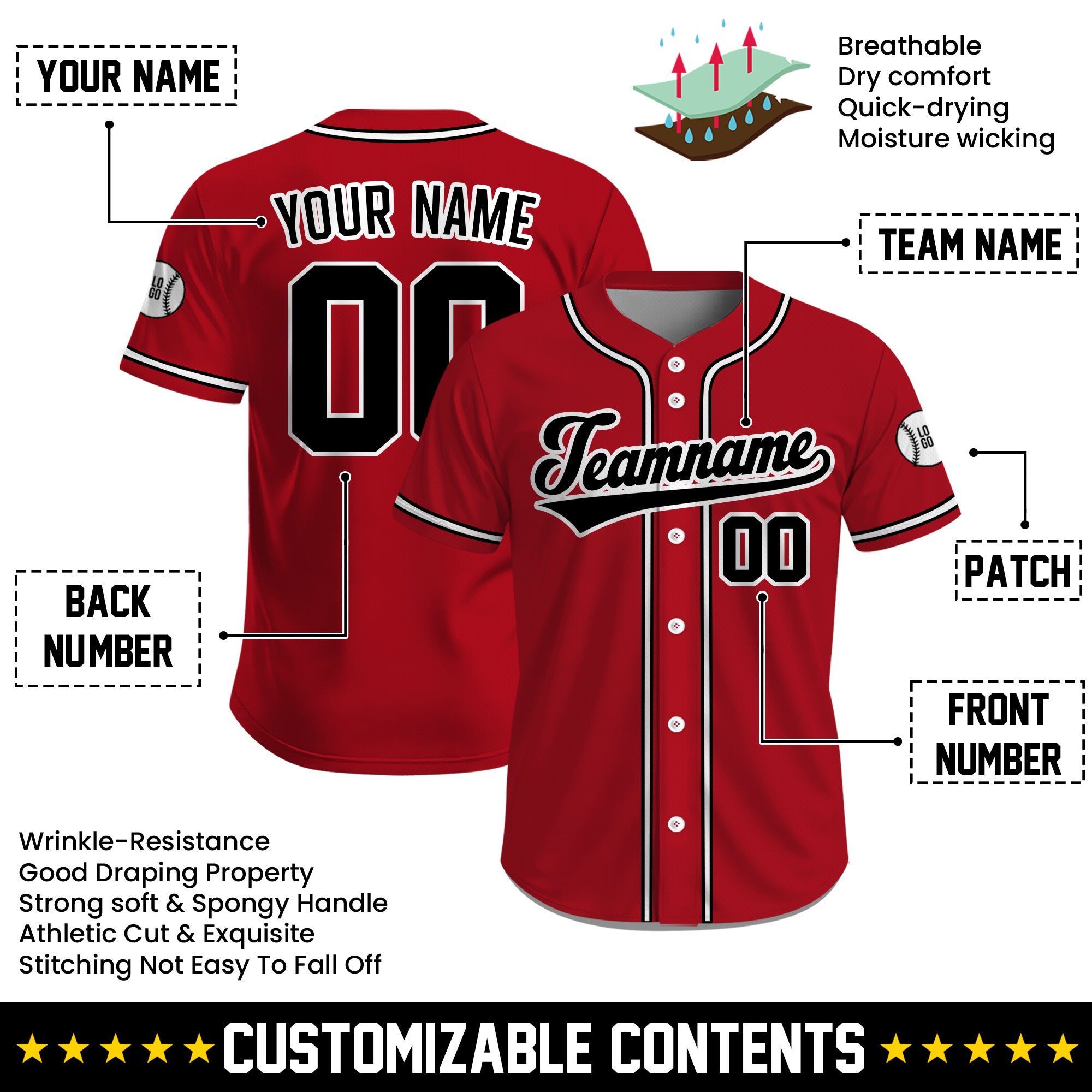 Personalized Classic Red Black White Team Baseball Jersey