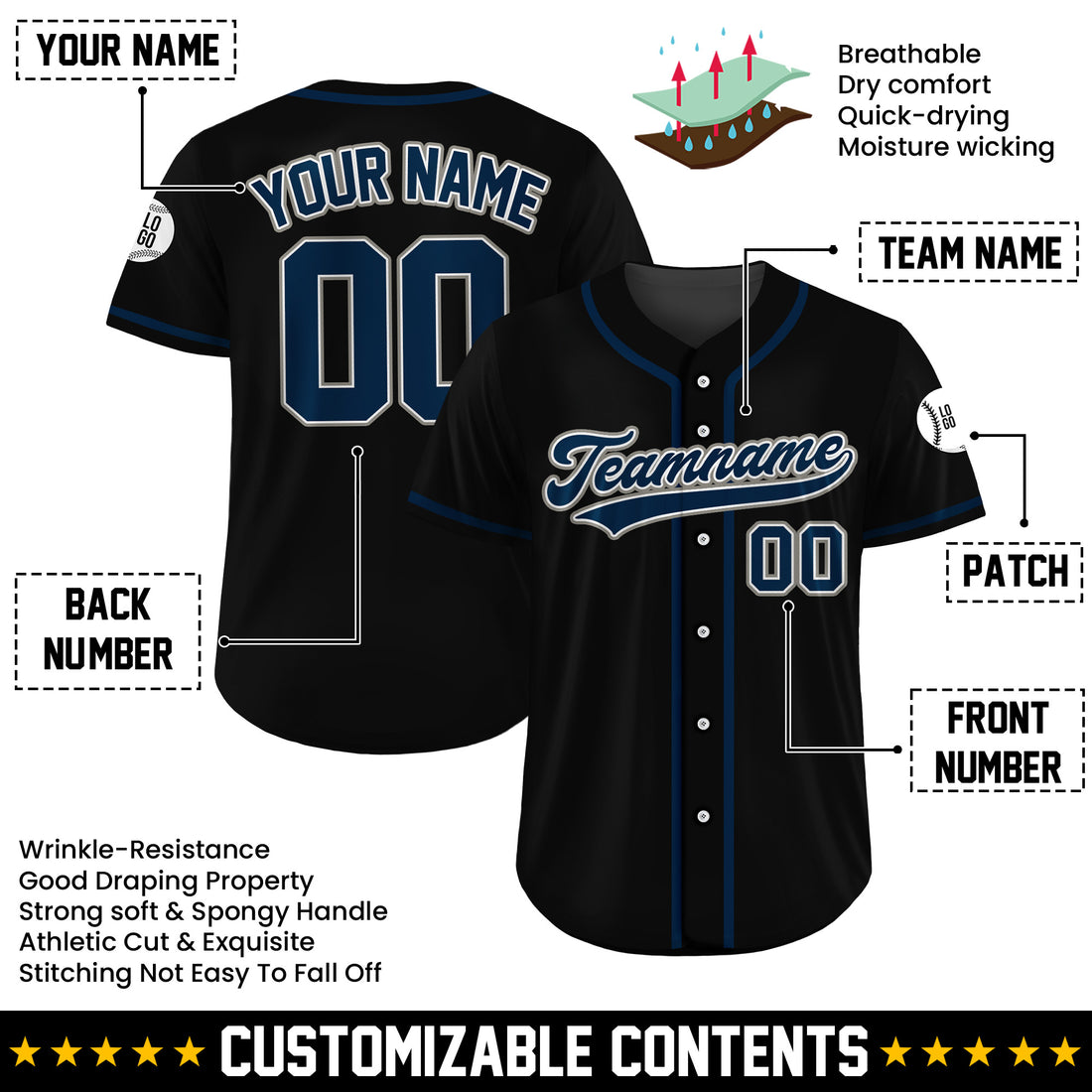 Personalized Midnight Edge Black Baseball Uniform