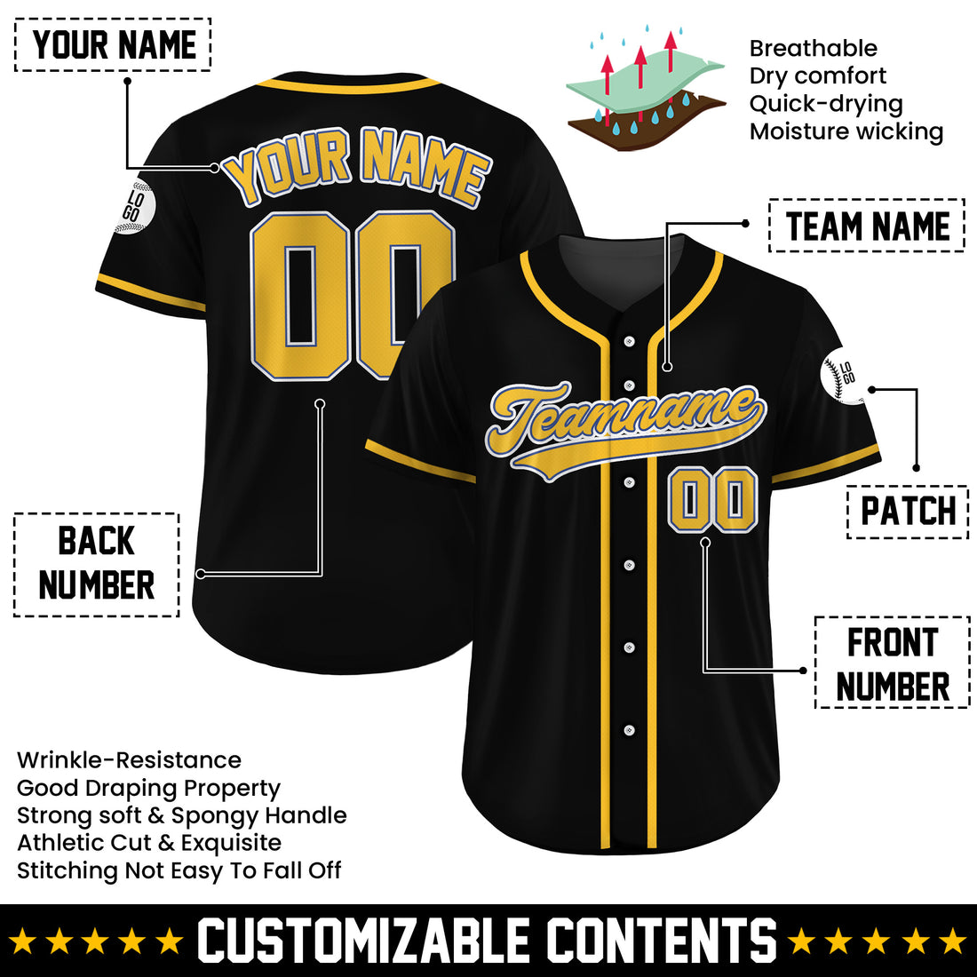 Personalized Midnight Gold Black Baseball Uniform
