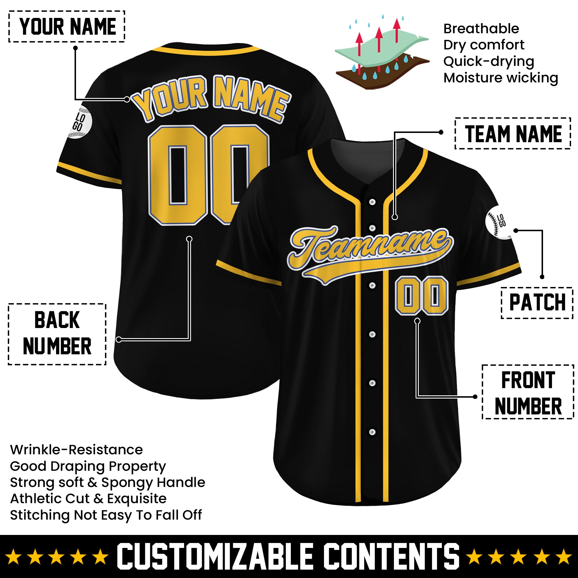 Personalized Midnight Gold Black Baseball Uniform