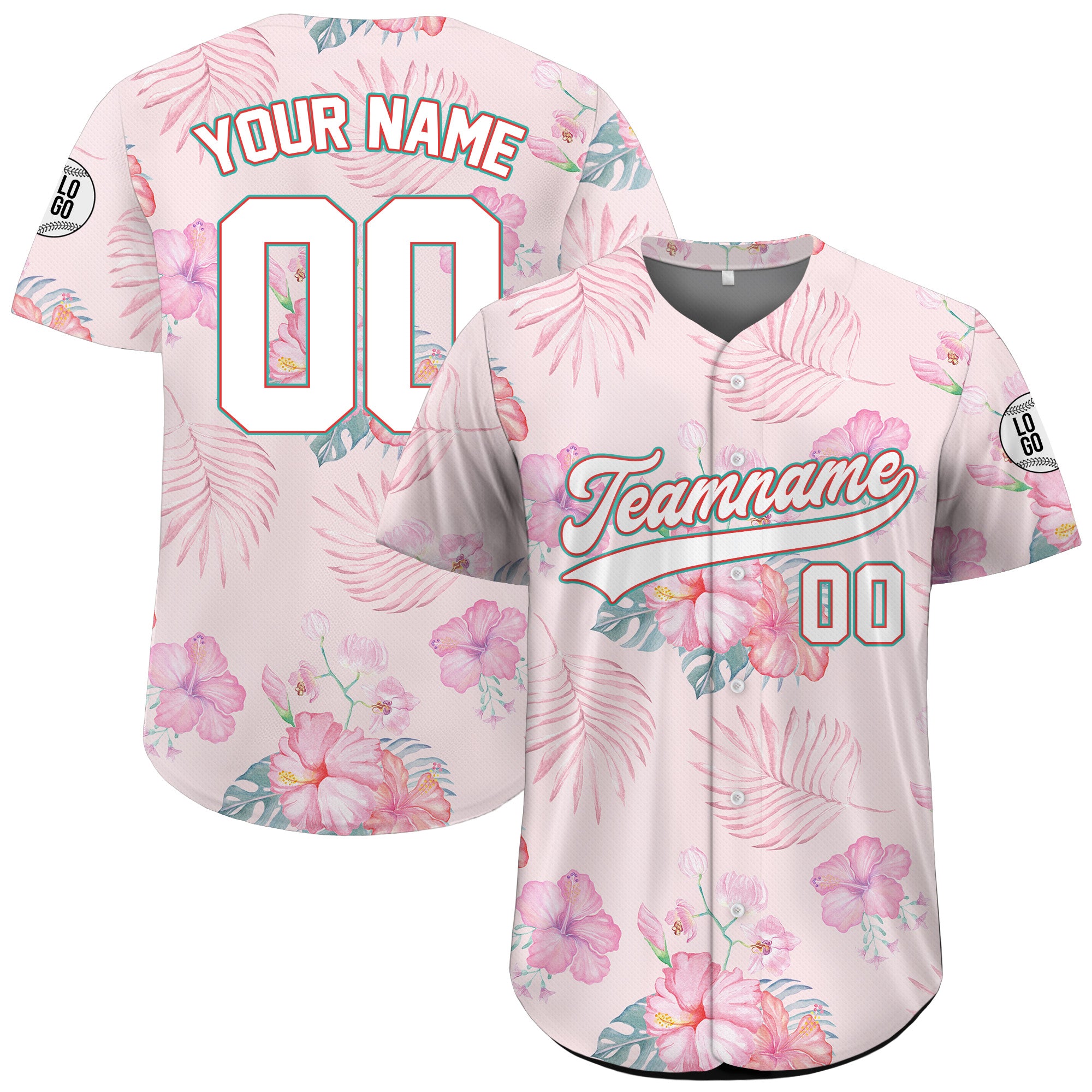 Personalized Pastel Pink Hibiscus Hawaiian Baseball Jersey