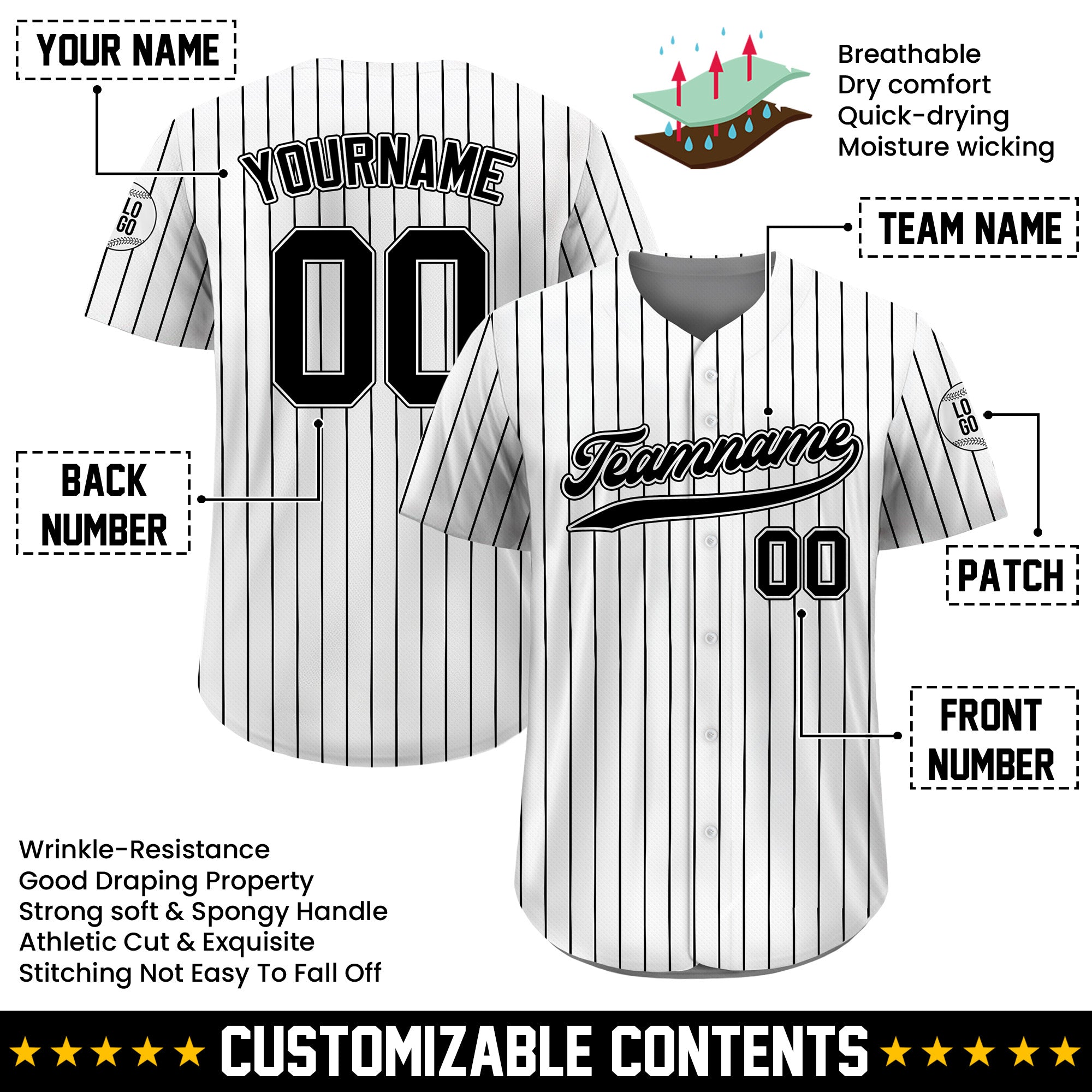 Personalized White Black Pinstriped Baseball Jersey, Personalized Baseball Jersey with Teamname Name Number