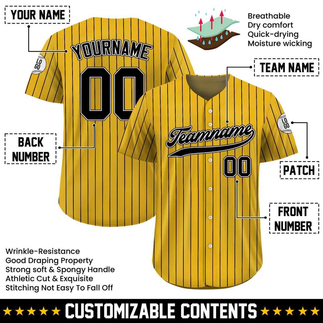 Personalized Yellow and Black Pinstripe Baseball Jersey, Custom Name Baseball Jersey