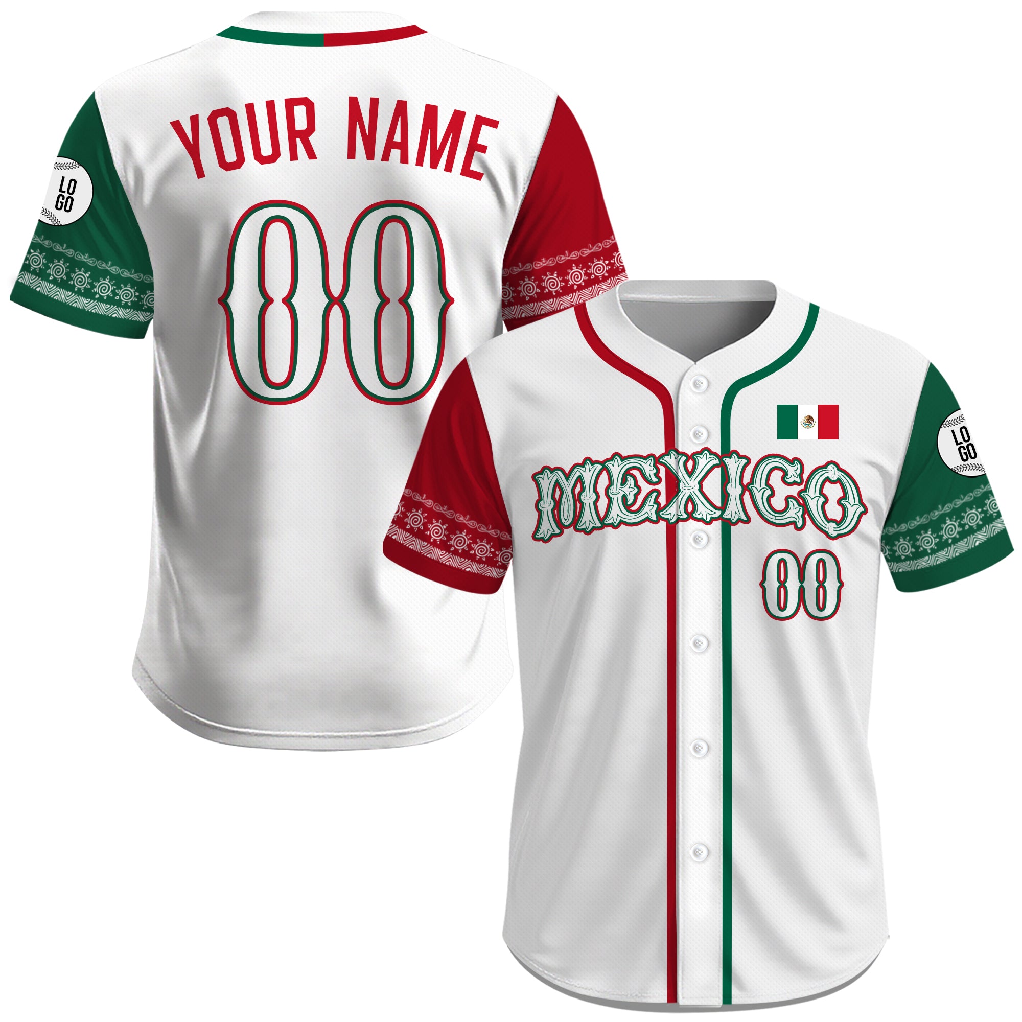Playera de Béisbol Blanca con Motivos Patrios de México y Personalización de Nombre y Número