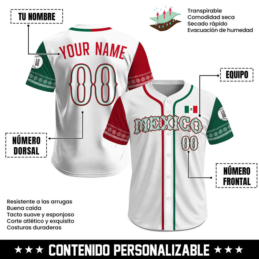 Playera de Béisbol Blanca con Motivos Patrios de México y Personalización de Nombre y Número